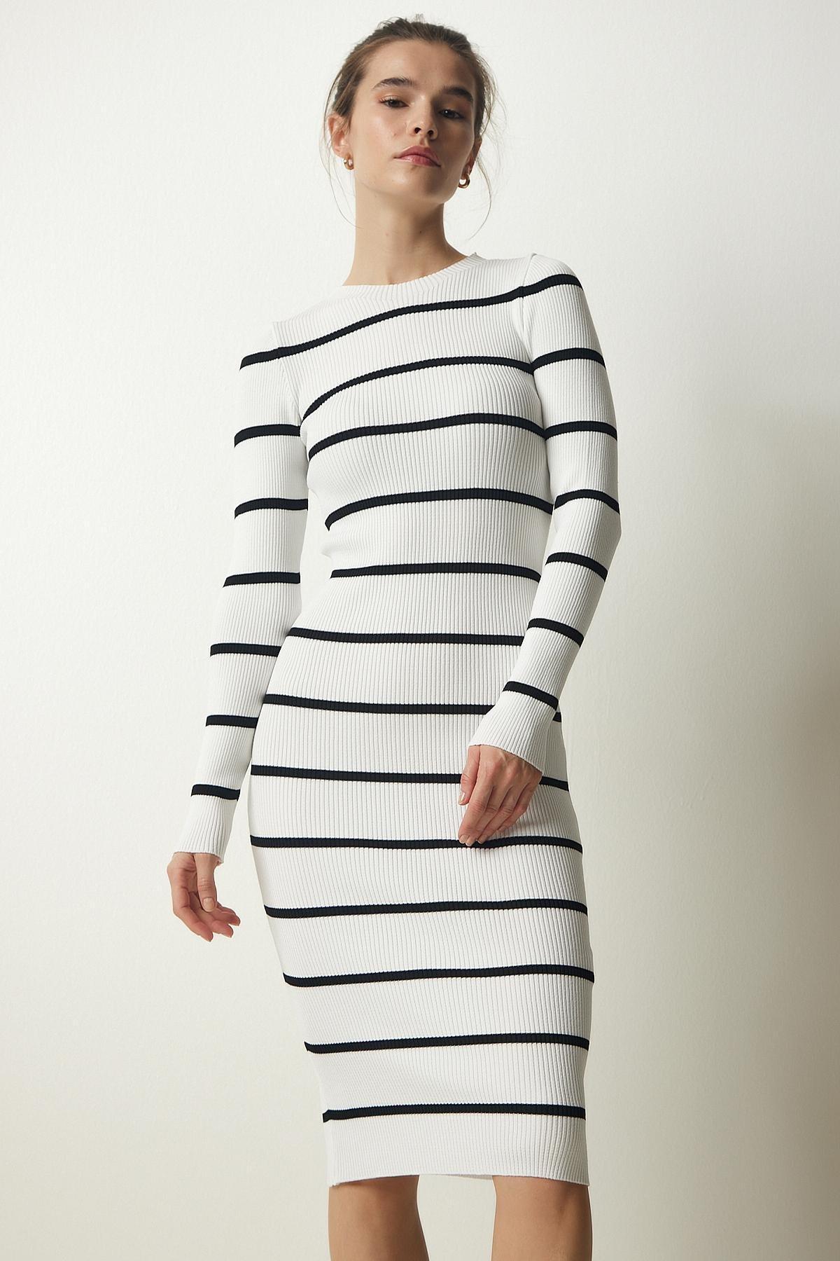 White Ribbed Striped Wraparound Dress, White, large image number 3
