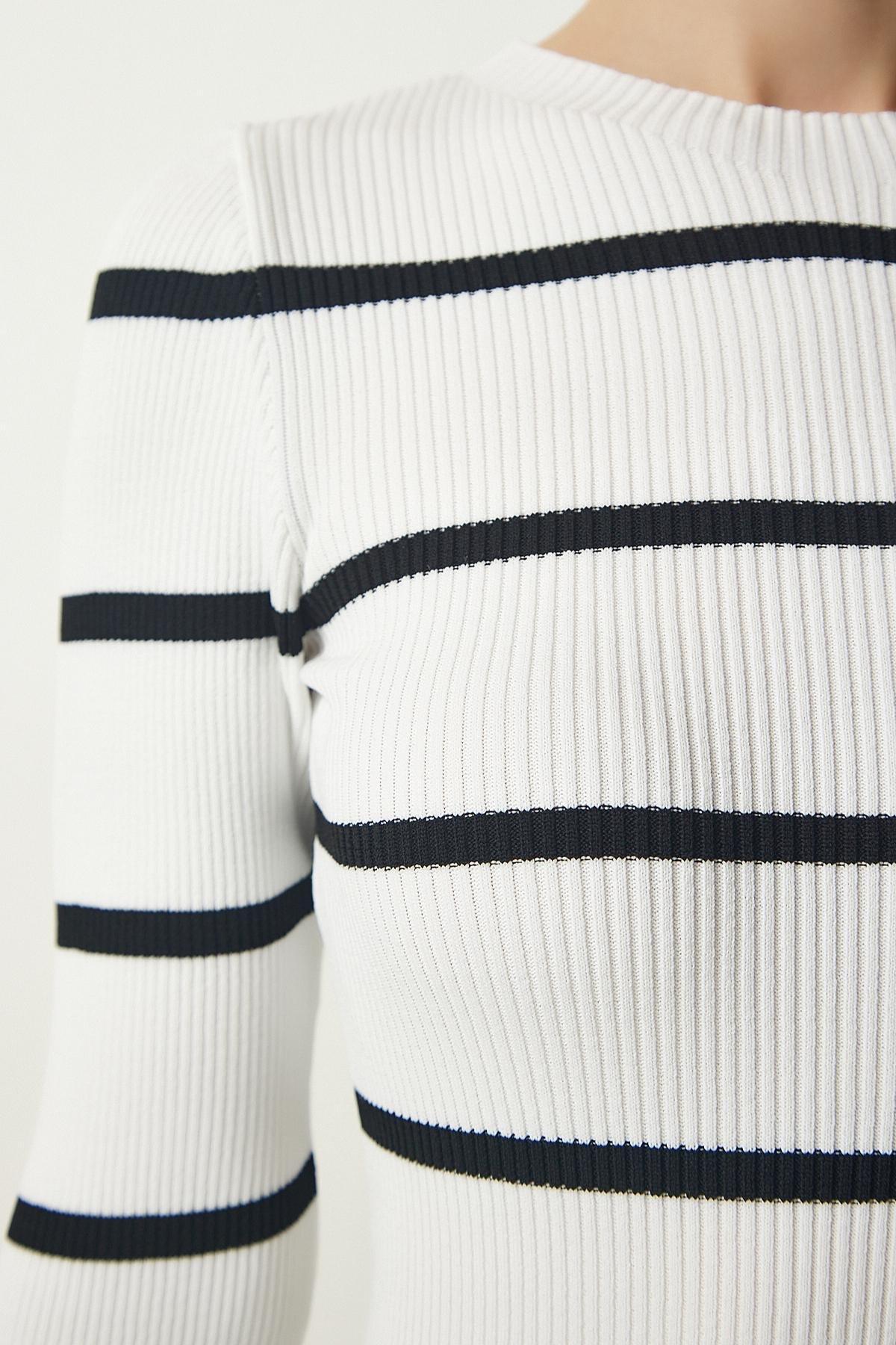 White Ribbed Striped Wraparound Dress, White, large image number 4