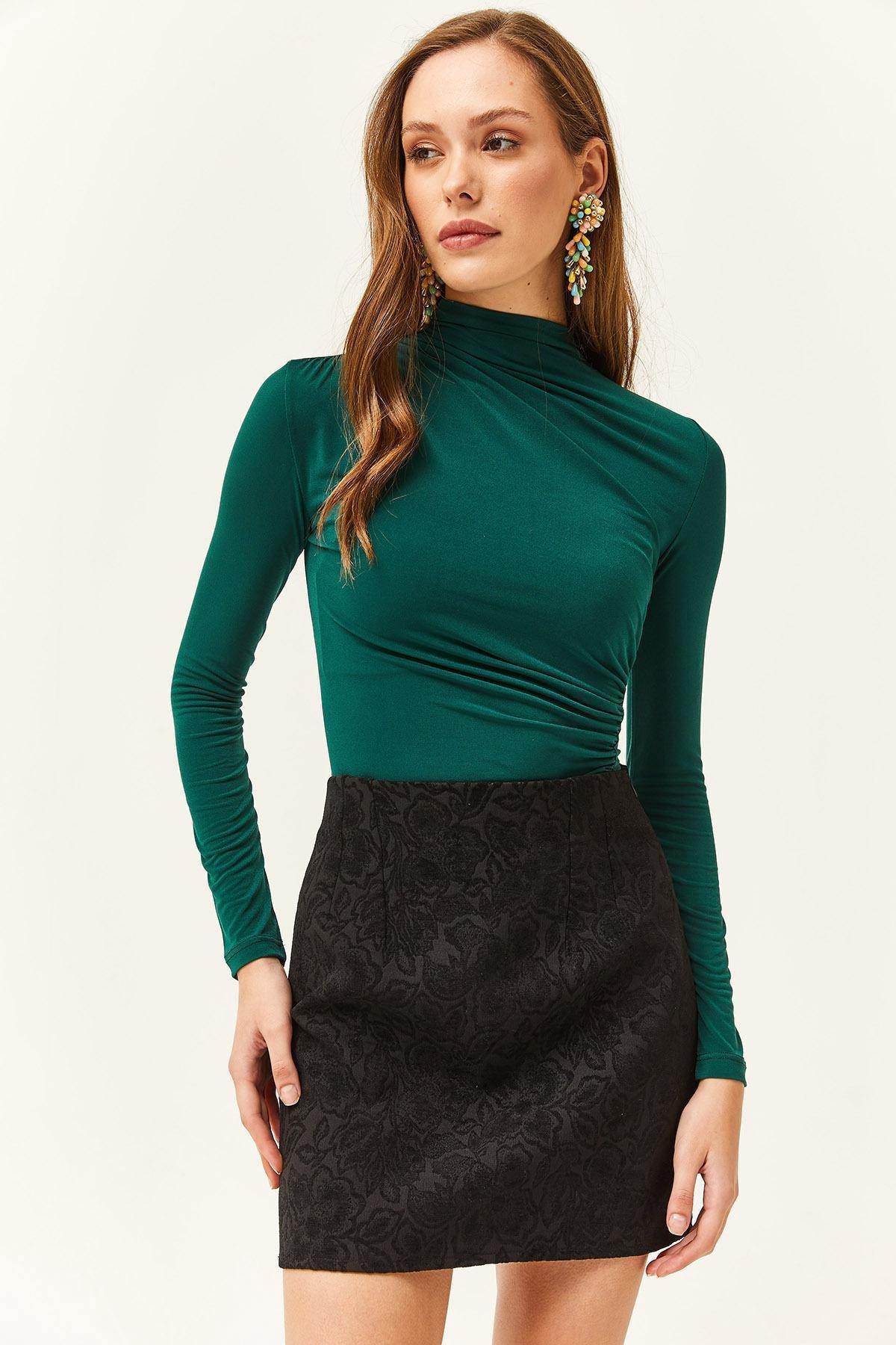 بلوزة بياقة عالية مزمومة، أخضر, C101_1583, large image number 2