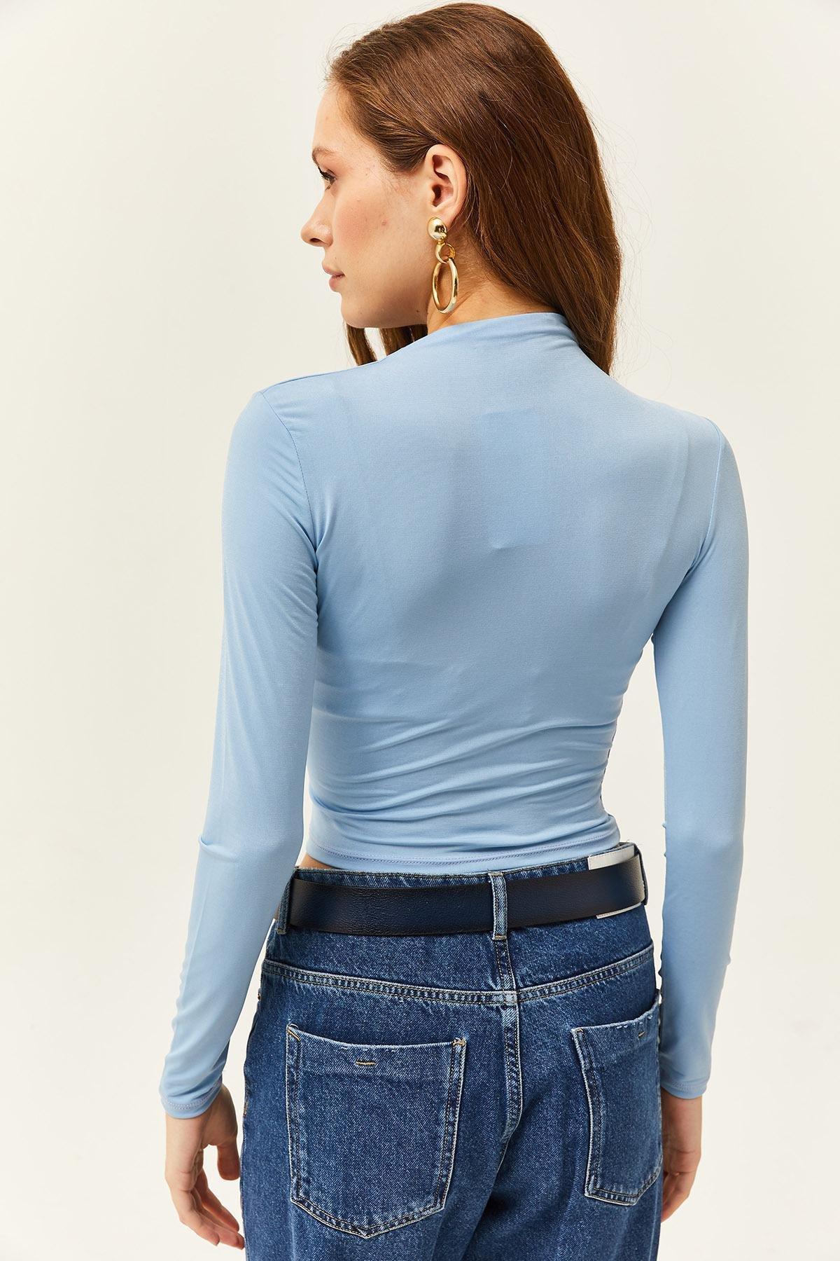 Blue High Collar Ruffle Detailed Blouse, , large image number 4