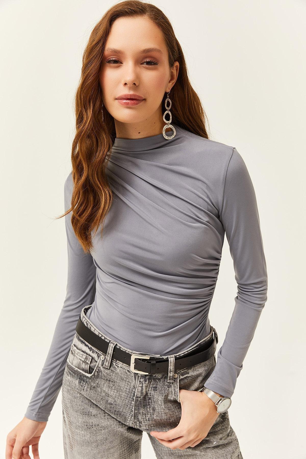 Grey High Collar Ruffle Detailed Blouse, , large image number 0