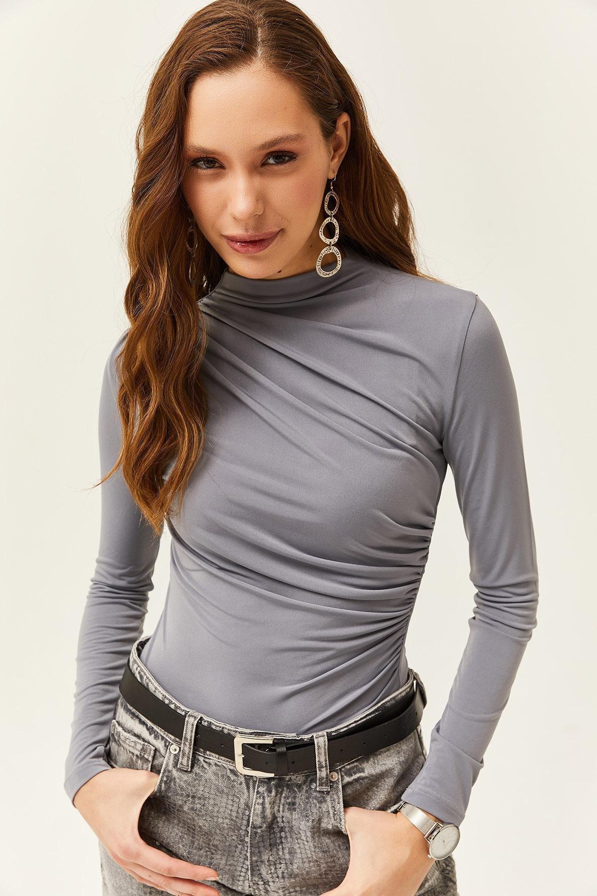 Grey High Collar Ruffle Detailed Blouse, , large image number 1