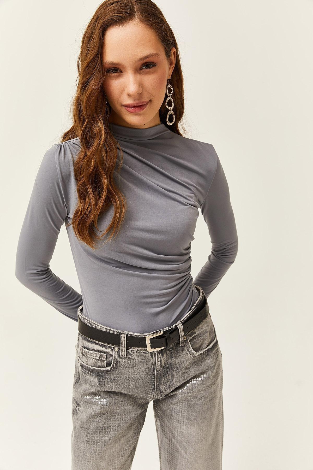 Grey High Collar Ruffle Detailed Blouse, , large image number 2