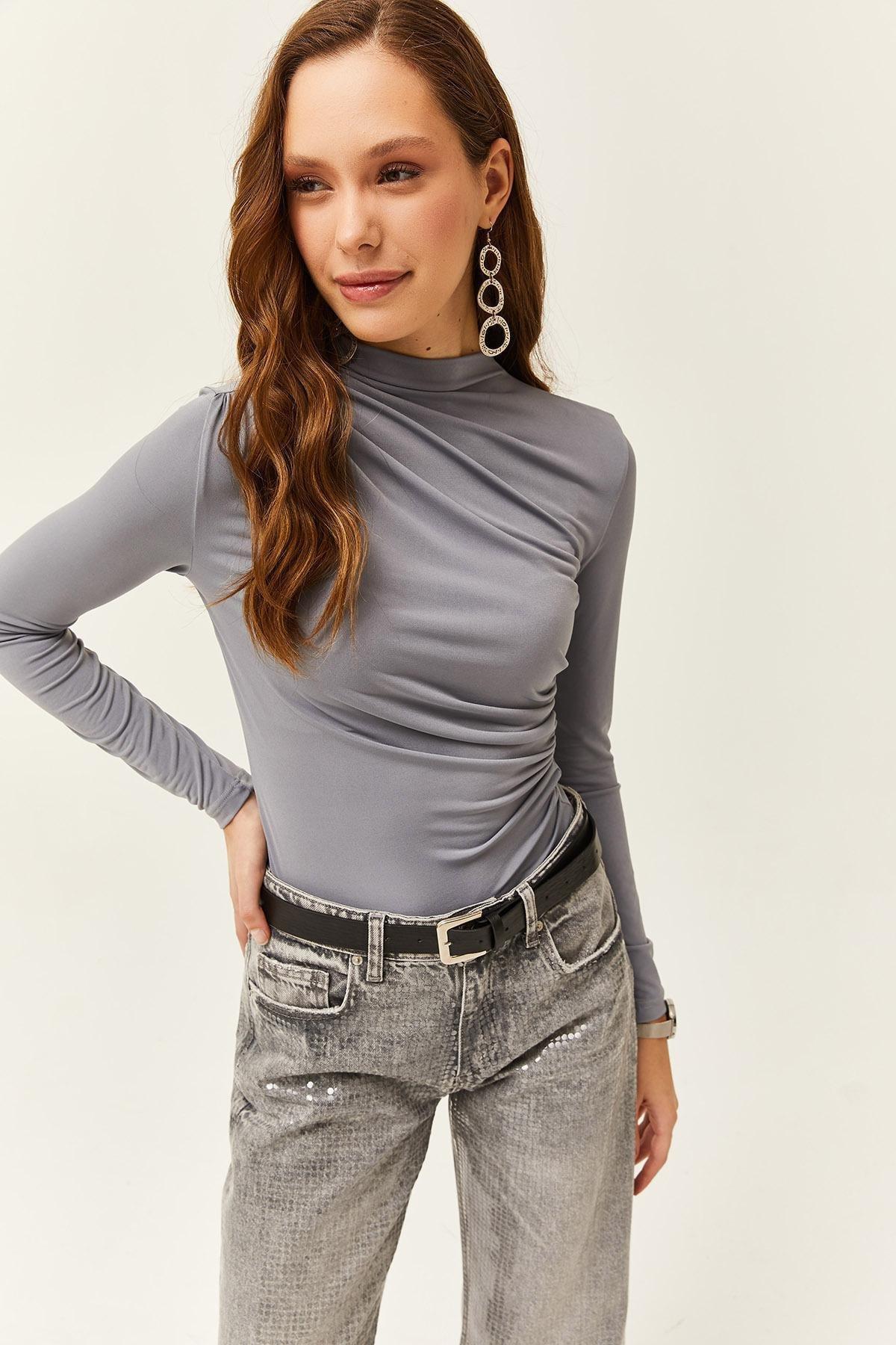 Grey High Collar Ruffle Detailed Blouse, C101_1653, large image number 3