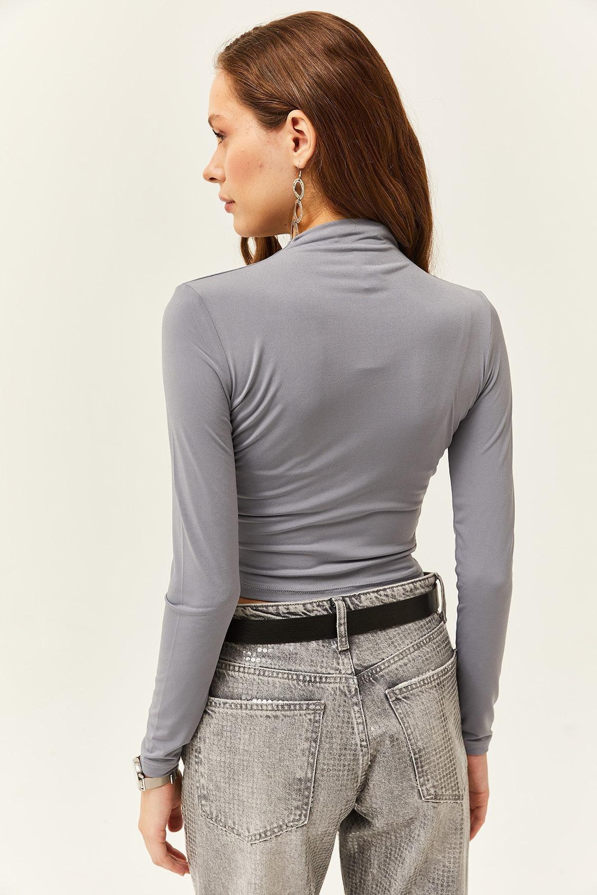 Grey High Collar Ruffle Detailed Blouse, C101_1653, large image number 4