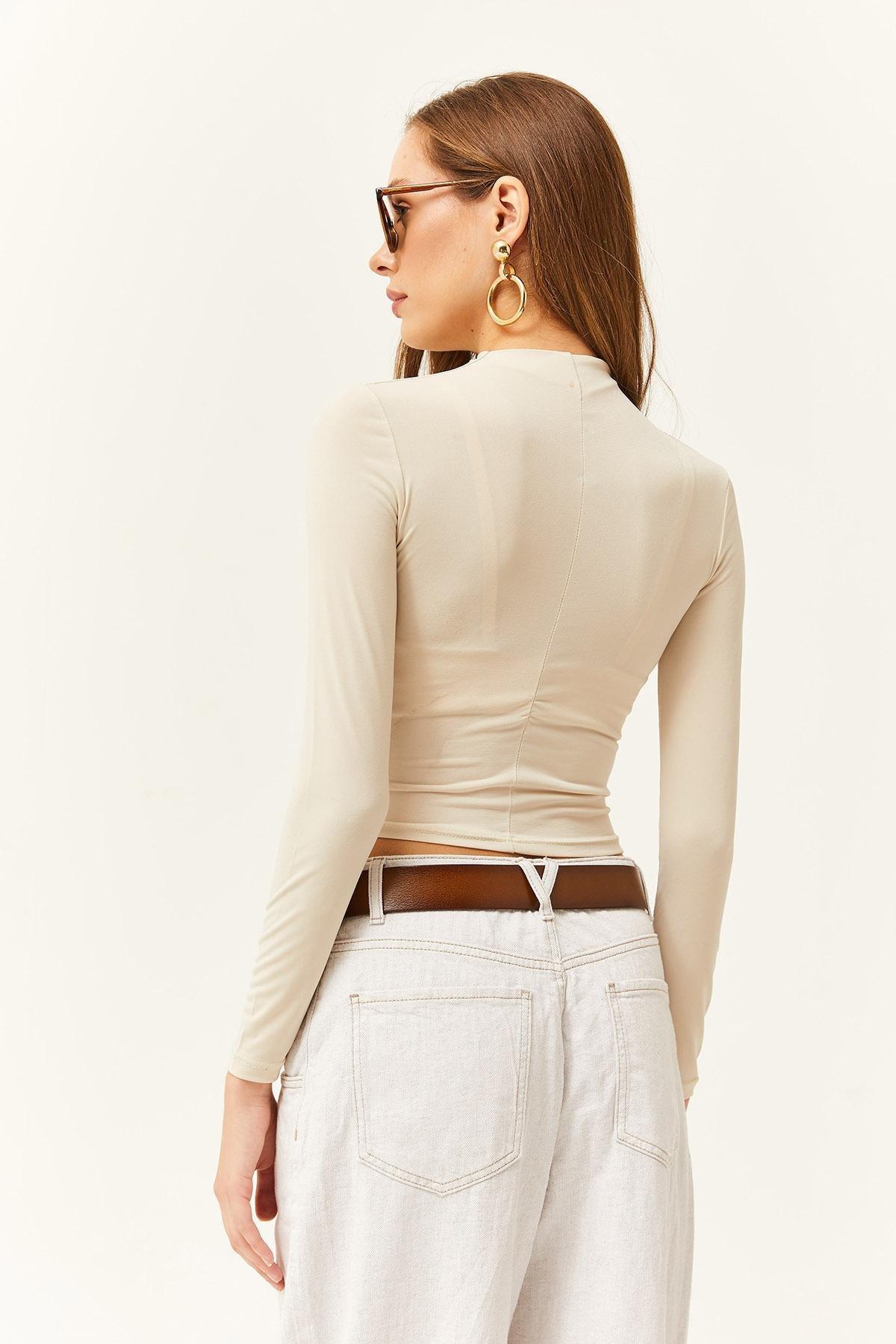 Cream High Collar Ruffle Detailed Blouse, , large image number 4