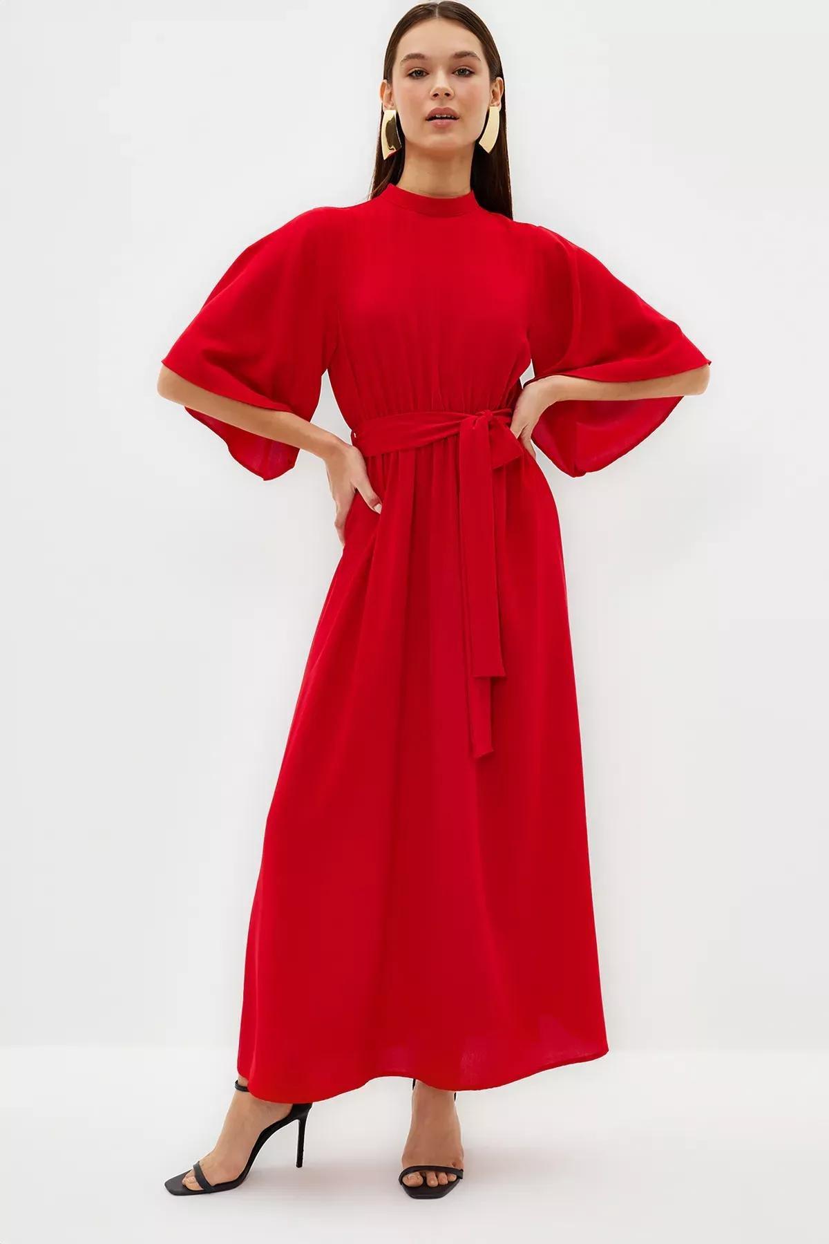Red Belted Half Sleeve Woven Dress, Coral, medium