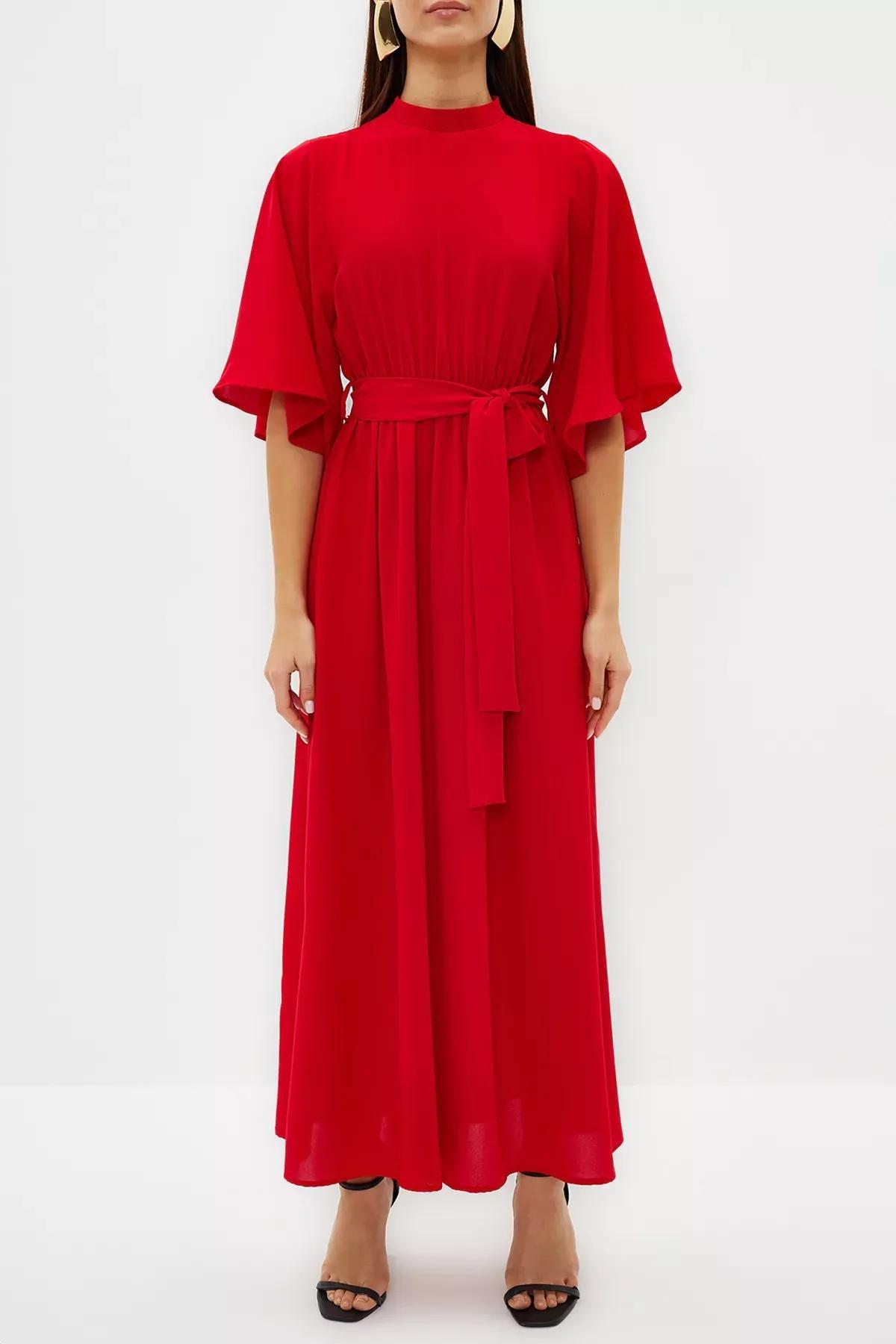 Red Belted Half Sleeve Woven Dress, Coral, medium