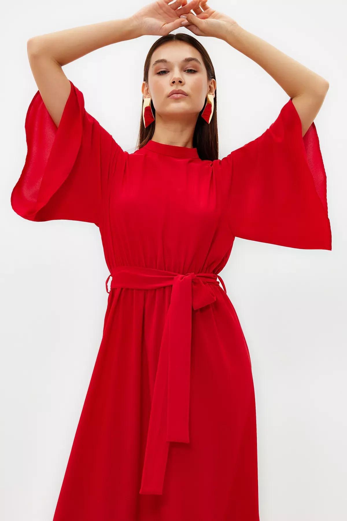 Red Belted Half Sleeve Woven Dress, Coral, medium
