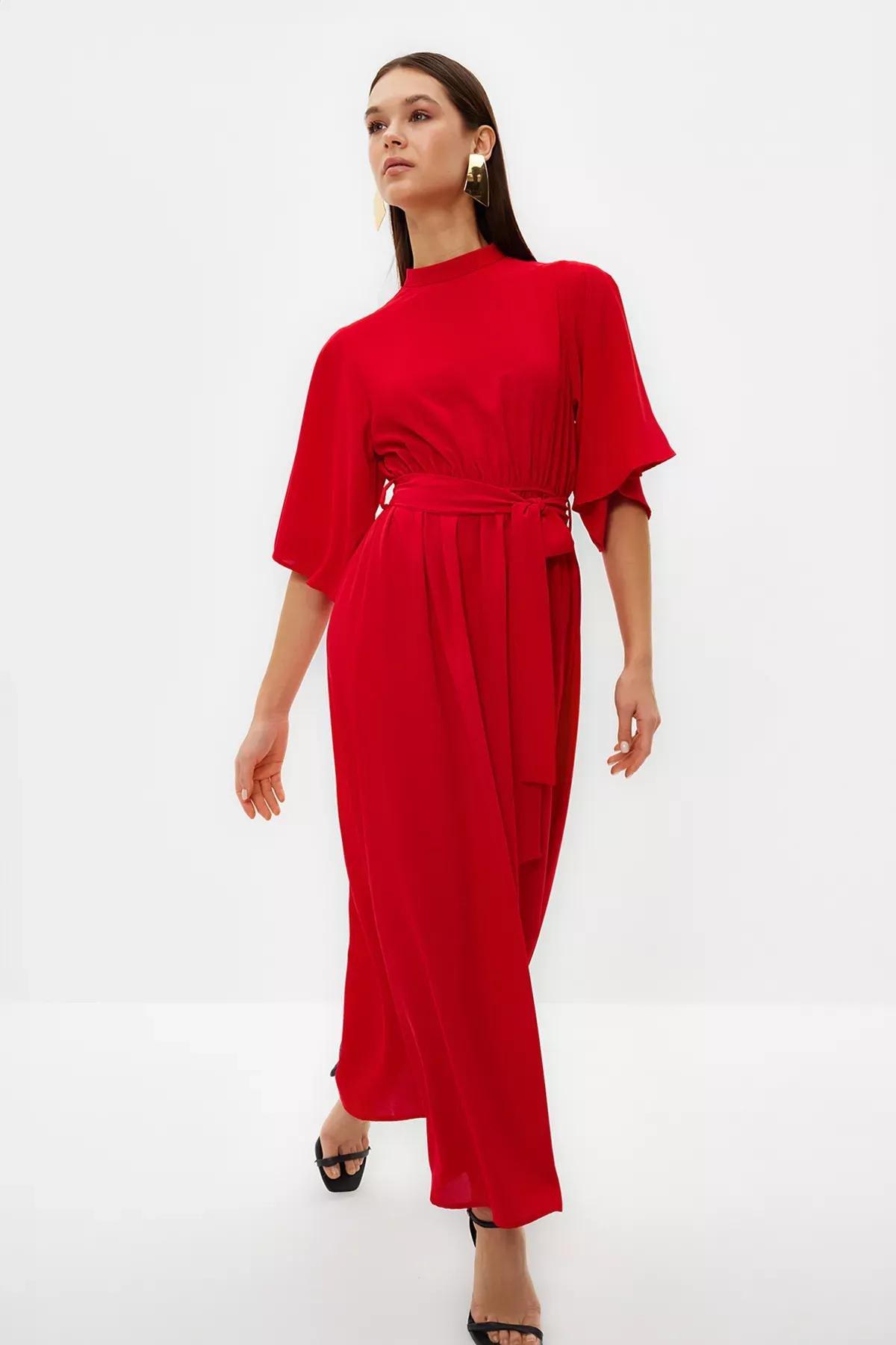 Red Belted Half Sleeve Woven Dress, Coral, large image number 3