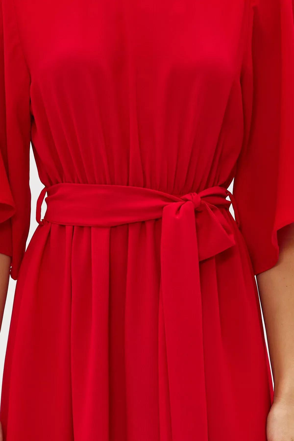 Red Belted Half Sleeve Woven Dress, Coral, large image number 4
