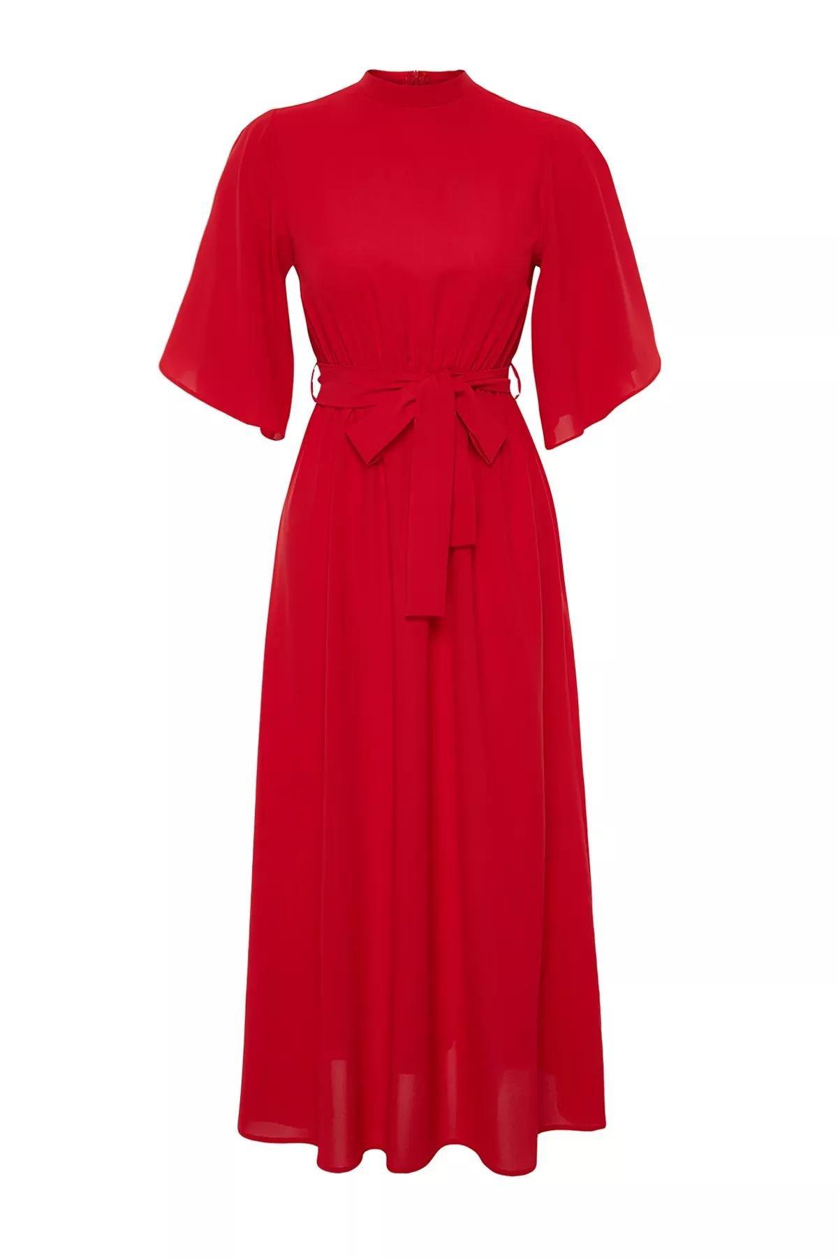 Red Belted Half Sleeve Woven Dress, Coral, large image number 5