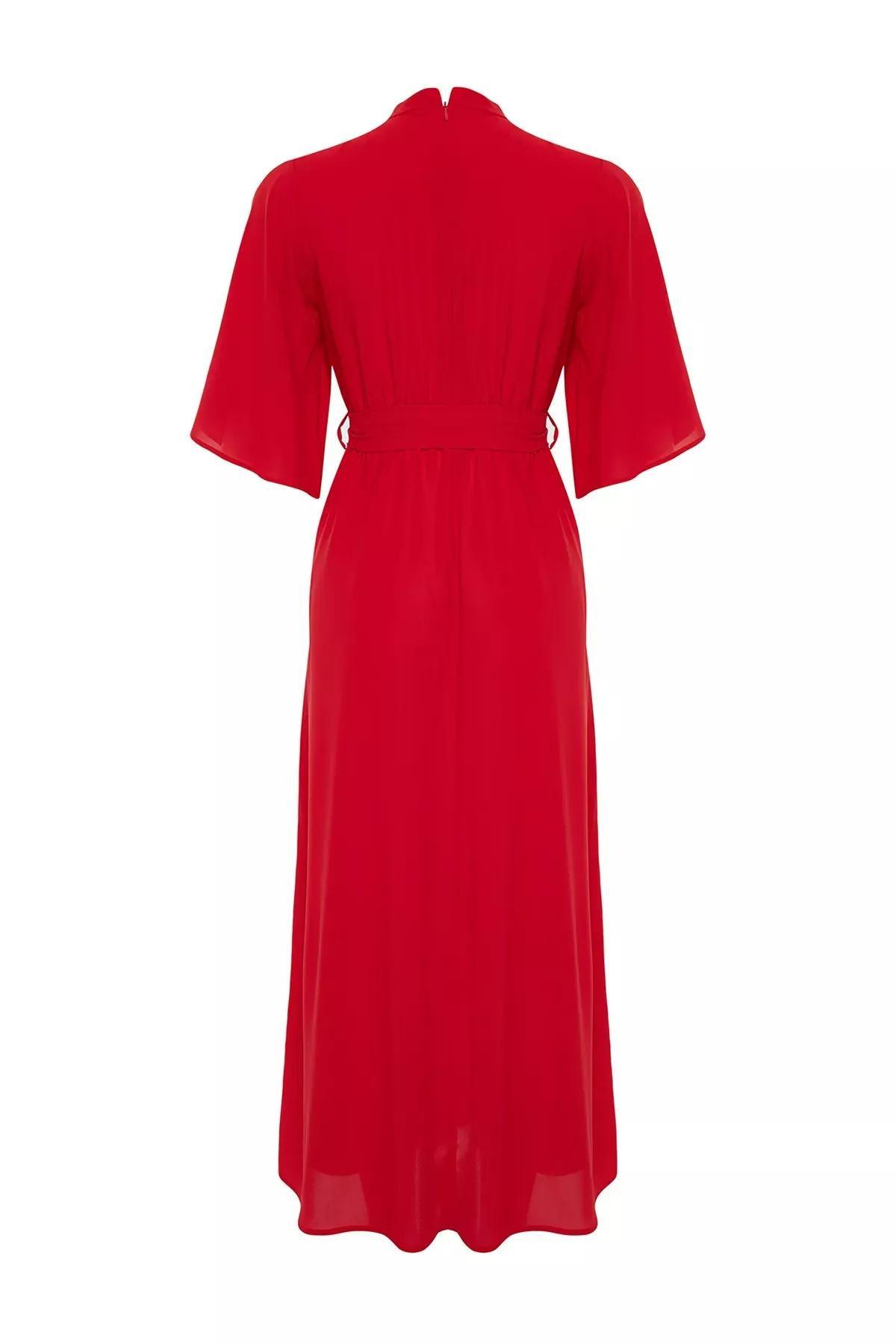 Red Belted Half Sleeve Woven Dress, Coral, large image number 6