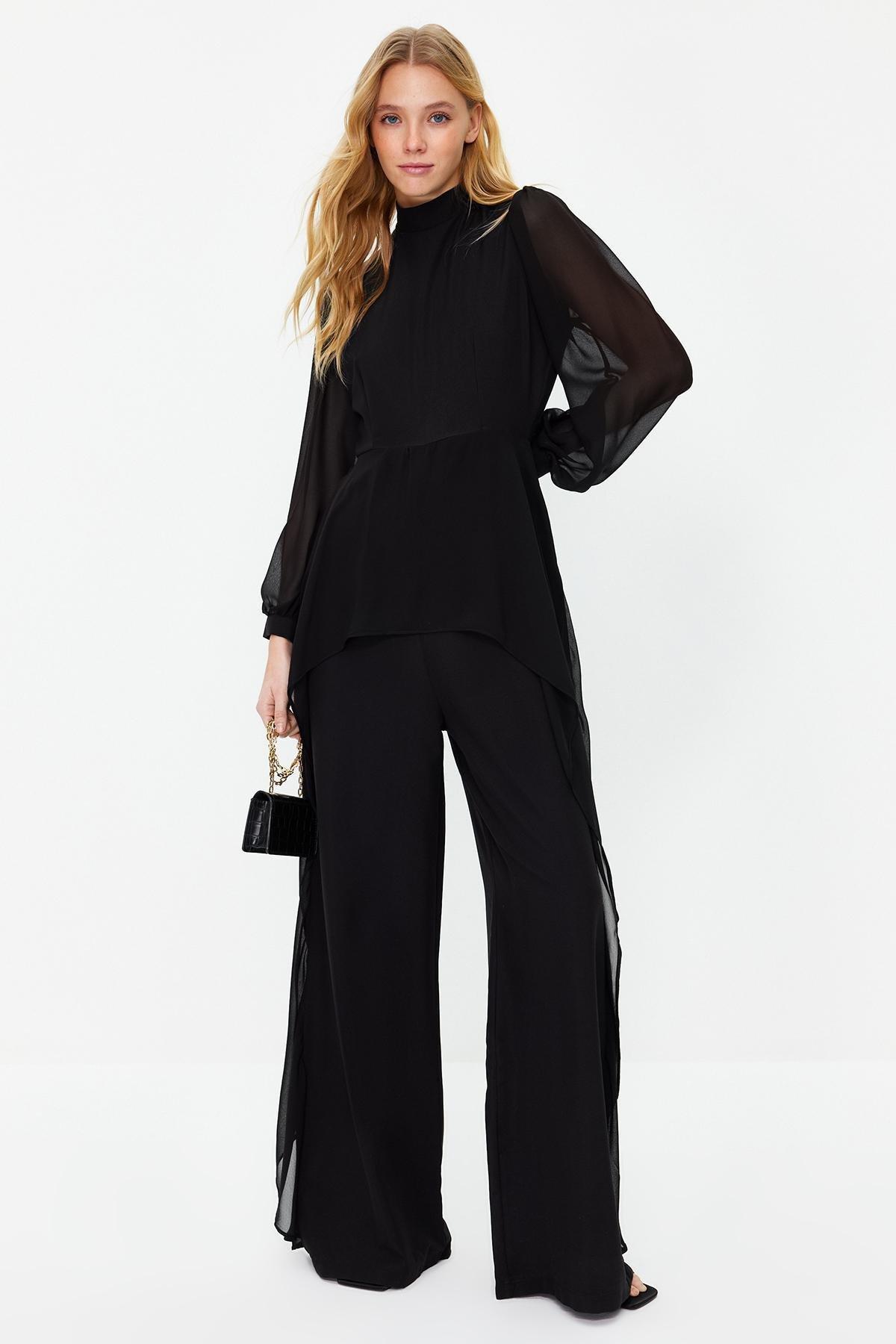 Black Chiffon Woven Jumpsuit, , large image number 0