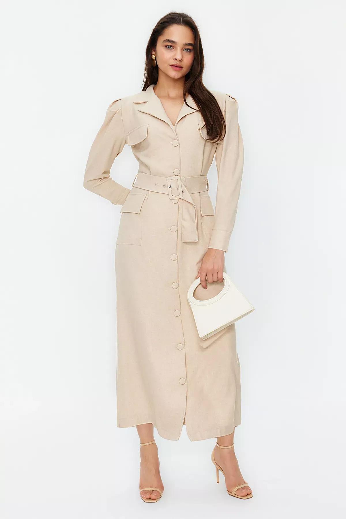 Trendyol Beige Belted Linen Shirt Dress | Azadea Kuwait