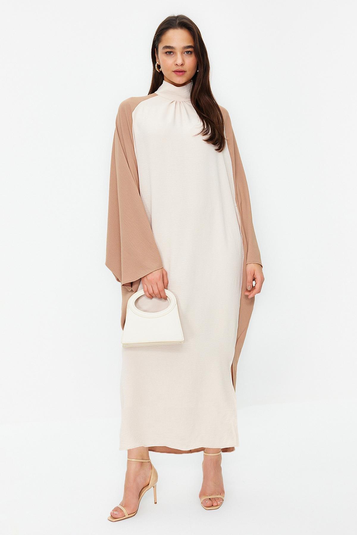 Cream Blocked Woven Kaftan Dress, , large image number 0
