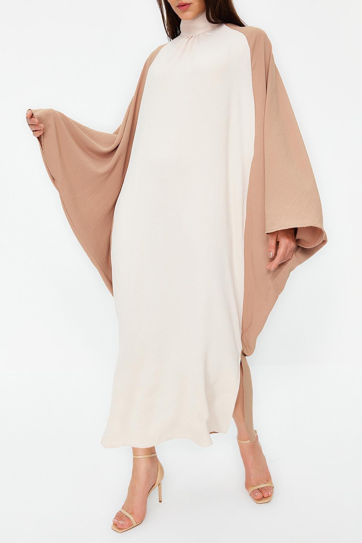 Cream Blocked Woven Kaftan Dress, , large image number 1
