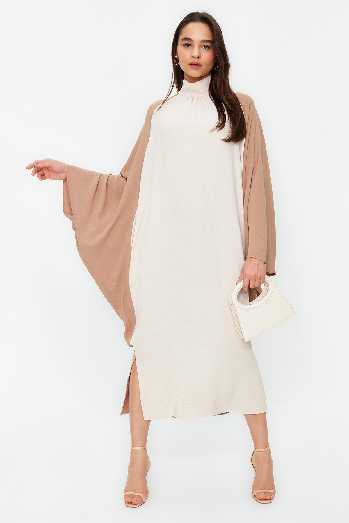 Cream Blocked Woven Kaftan Dress, , large image number 2