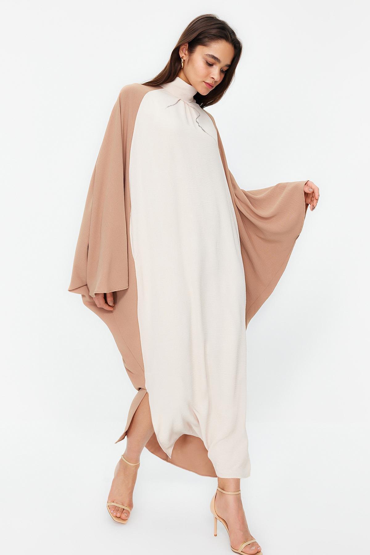Cream Blocked Woven Kaftan Dress, , large image number 3