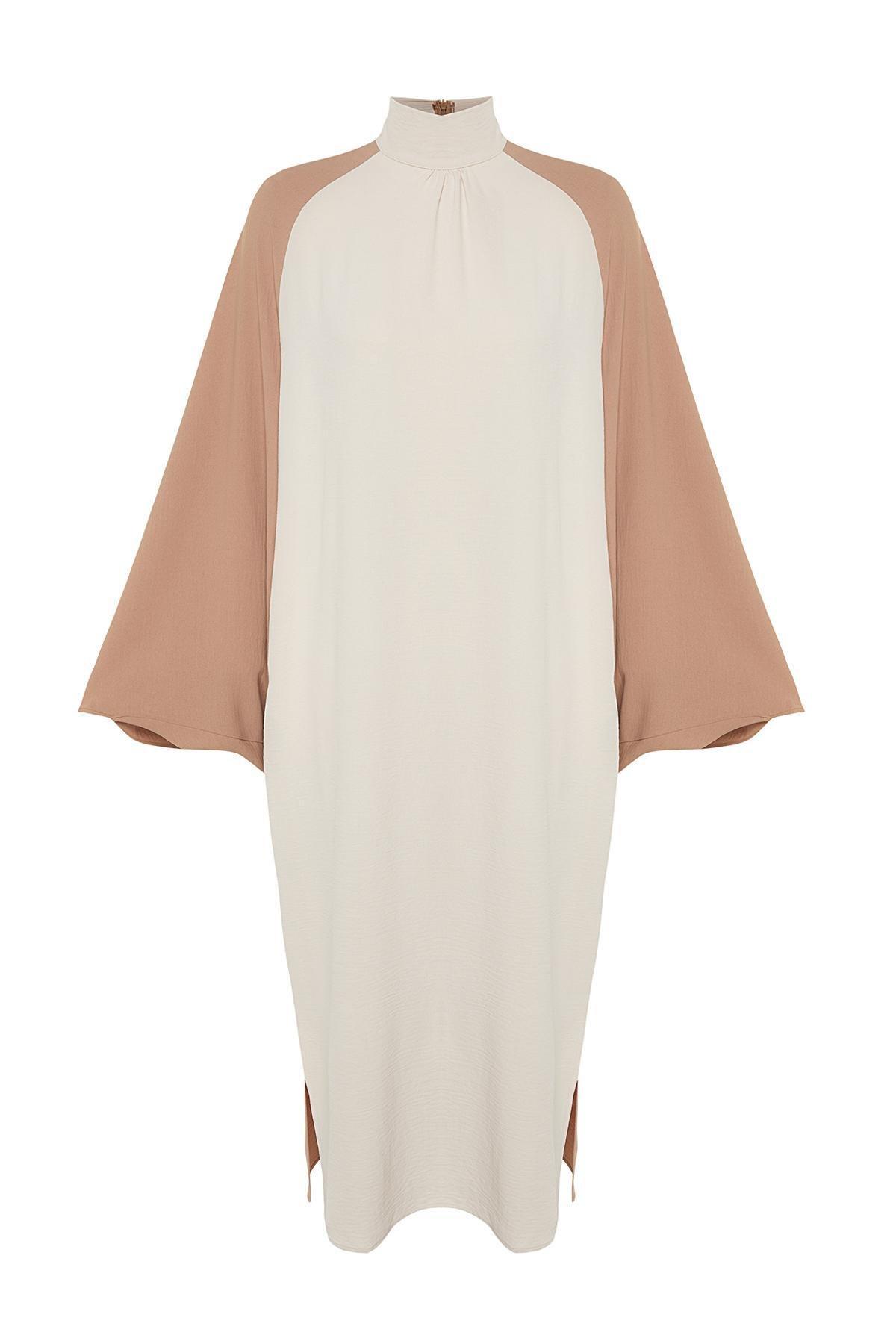 Cream Blocked Woven Kaftan Dress, , large image number 5