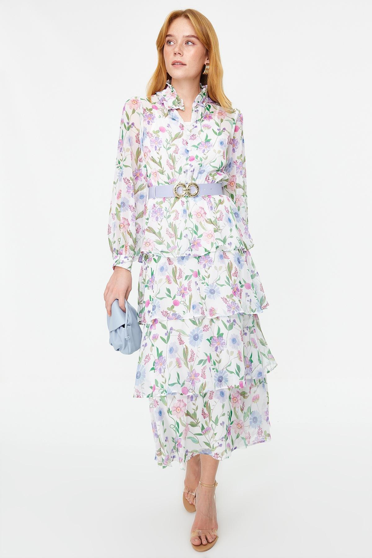 Multicolour Belt Skirt Layered Floral Dress, , large image number 0