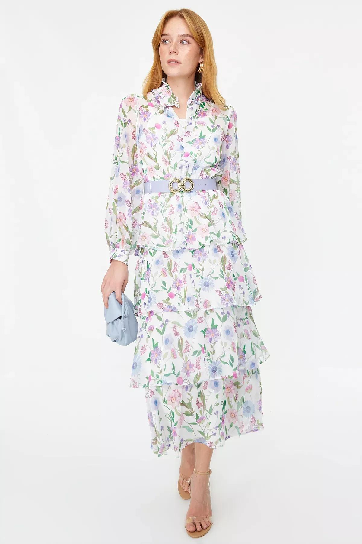 Multicolour Belt Skirt Layered Floral Dress, Blue, large image number 0