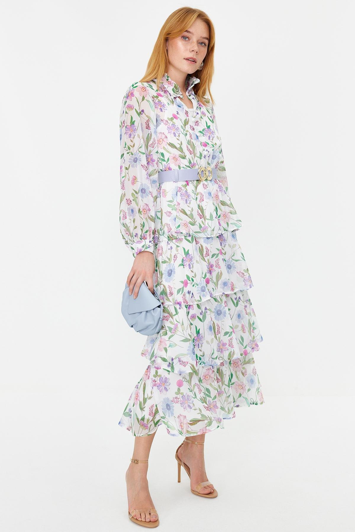 Multicolour Belt Skirt Layered Floral Dress, , large image number 1