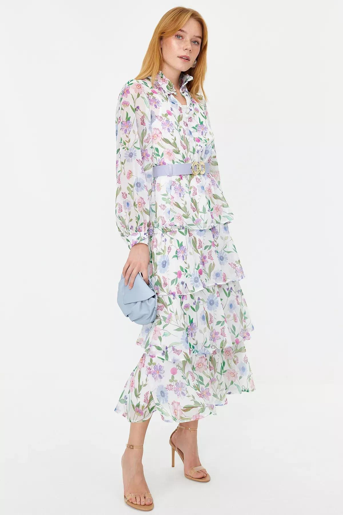 Multicolour Belt Skirt Layered Floral Dress, Blue, large image number 2