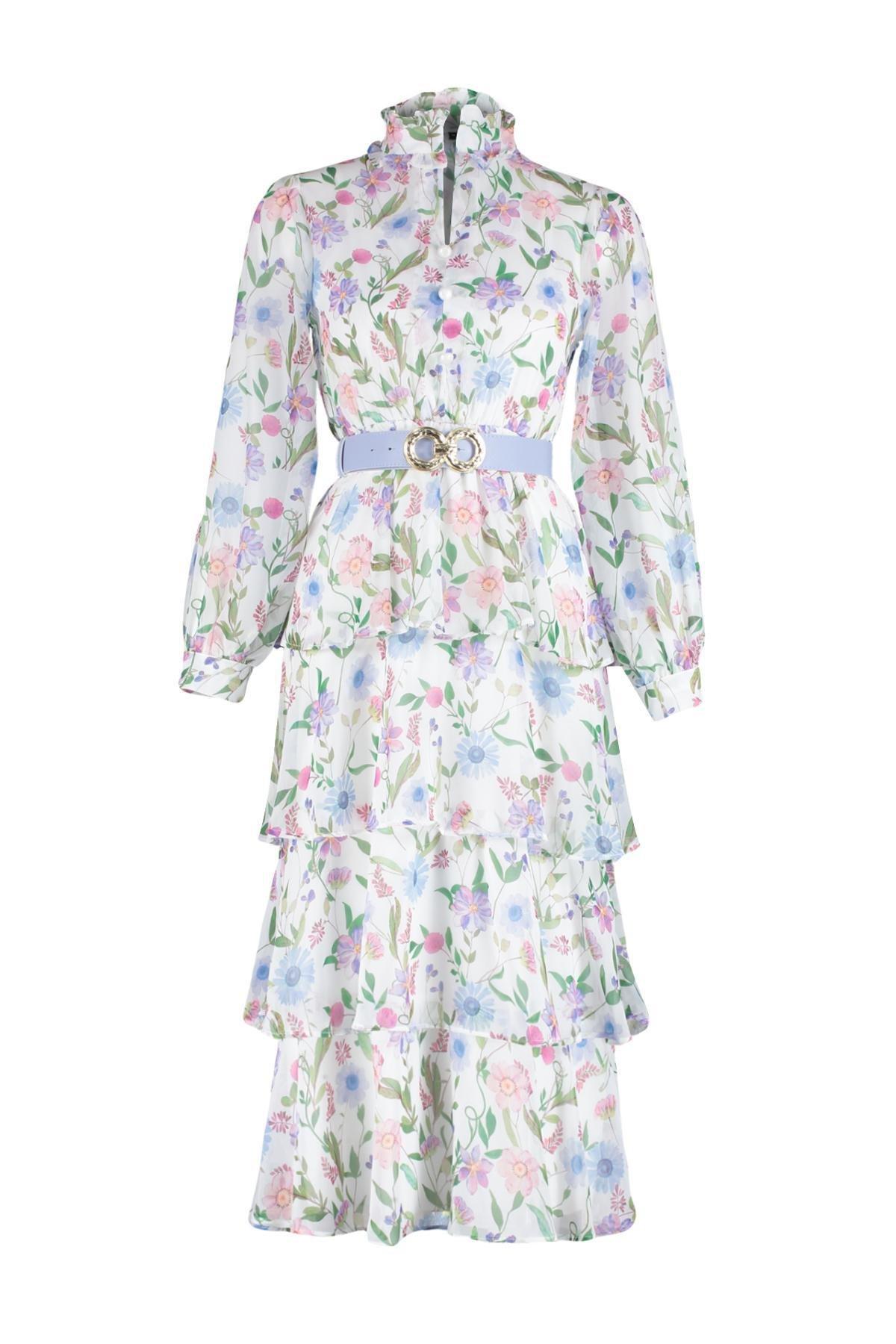 Multicolour Belt Skirt Layered Floral Dress, , large image number 5