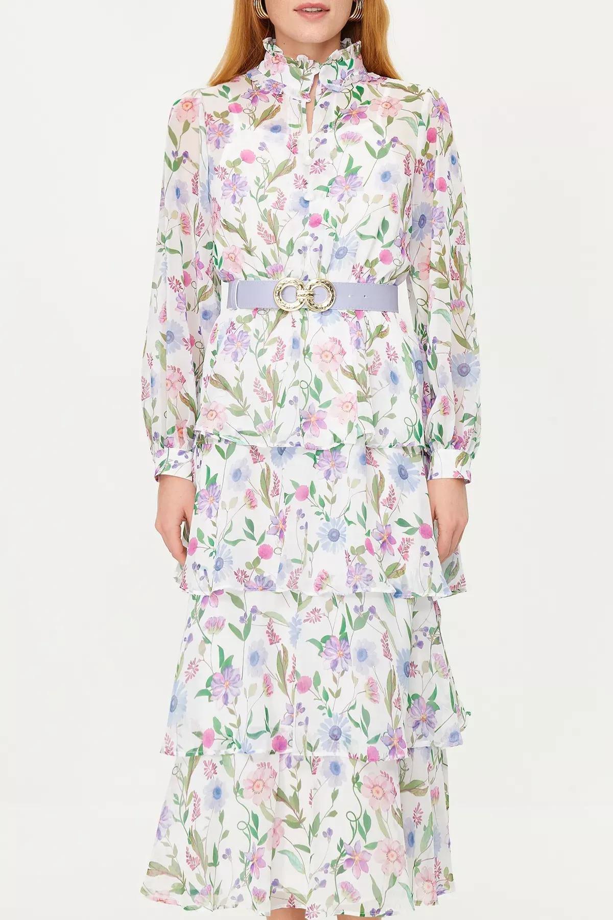 Multicolour Belt Skirt Layered Floral Dress, Blue, large image number 6