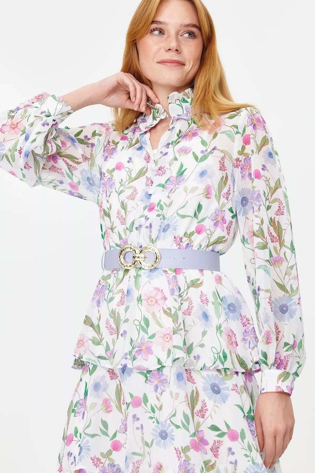 Multicolour Belt Skirt Layered Floral Dress, Blue, large image number 8