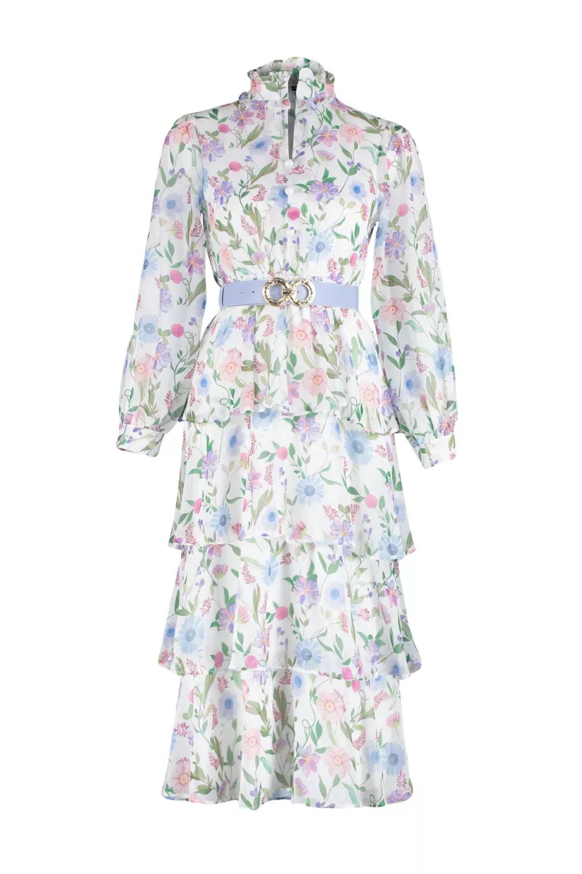 Multicolour Belt Skirt Layered Floral Dress, Blue, large image number 9