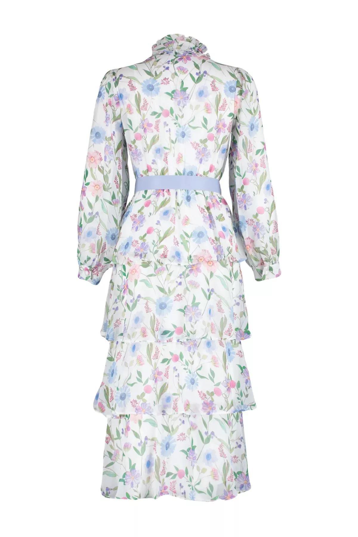 Multicolour Belt Skirt Layered Floral Dress, Blue, large image number 10