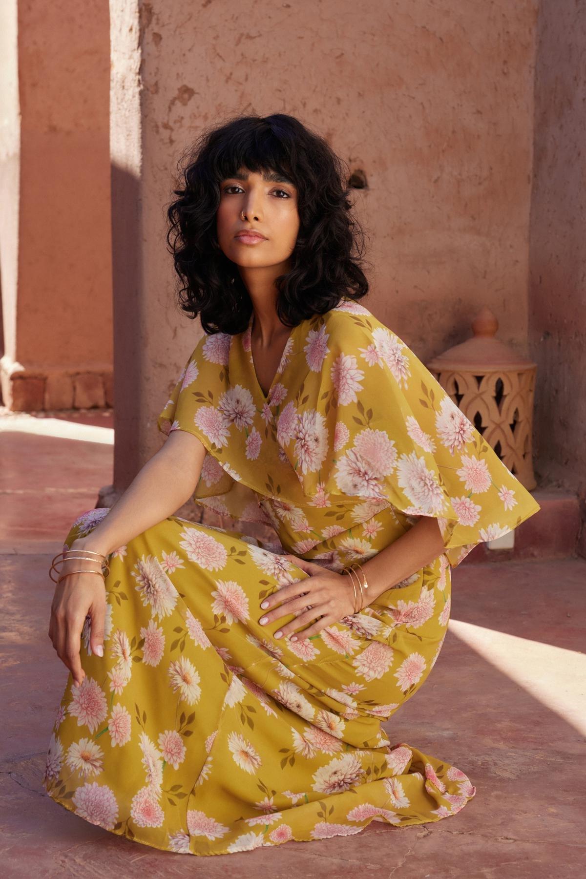 Yellow Floral Half Sleeve Chiffon Dress, , large image number 0