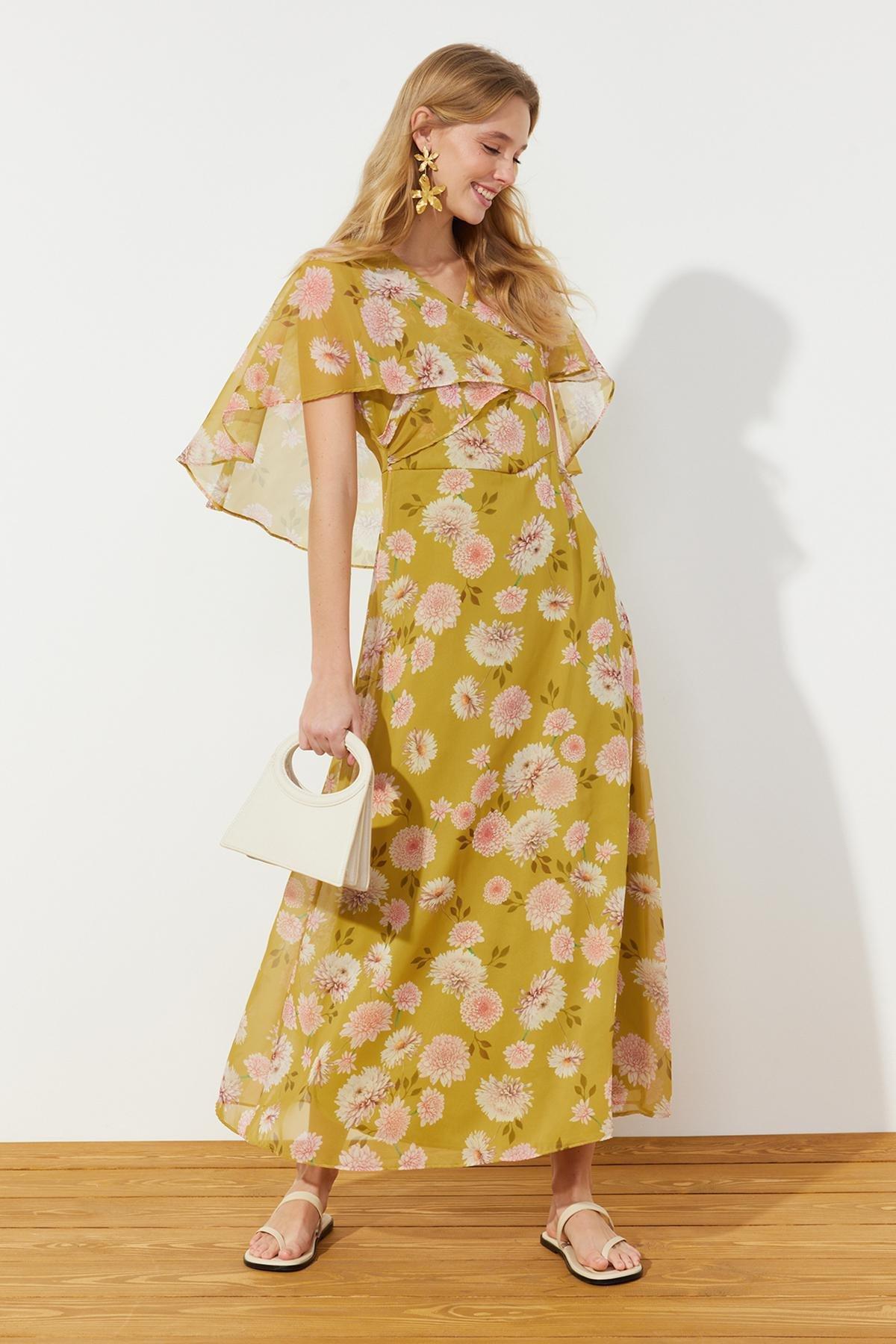 Yellow Floral Half Sleeve Chiffon Dress, , large image number 1