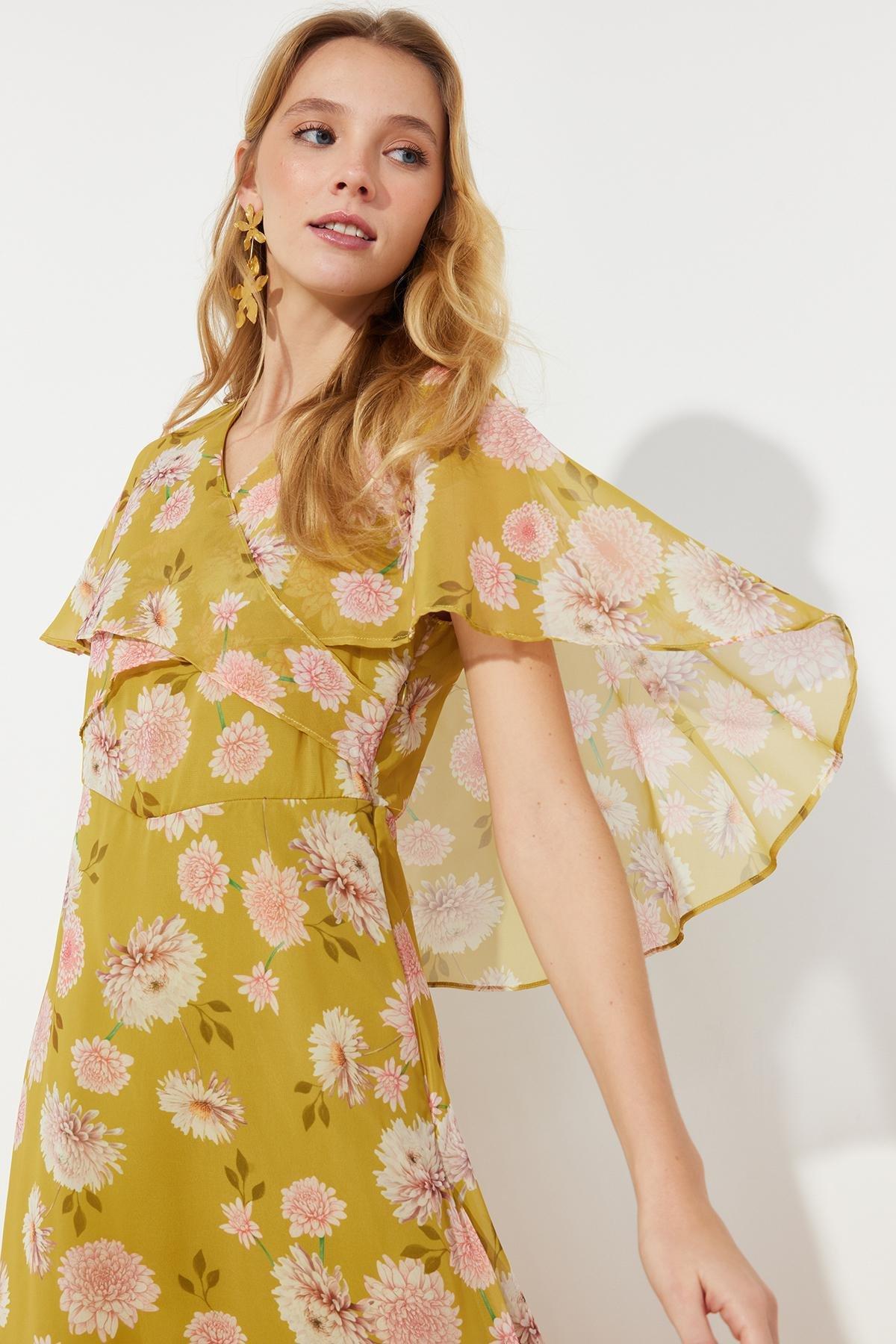 Yellow Floral Half Sleeve Chiffon Dress, , large image number 2