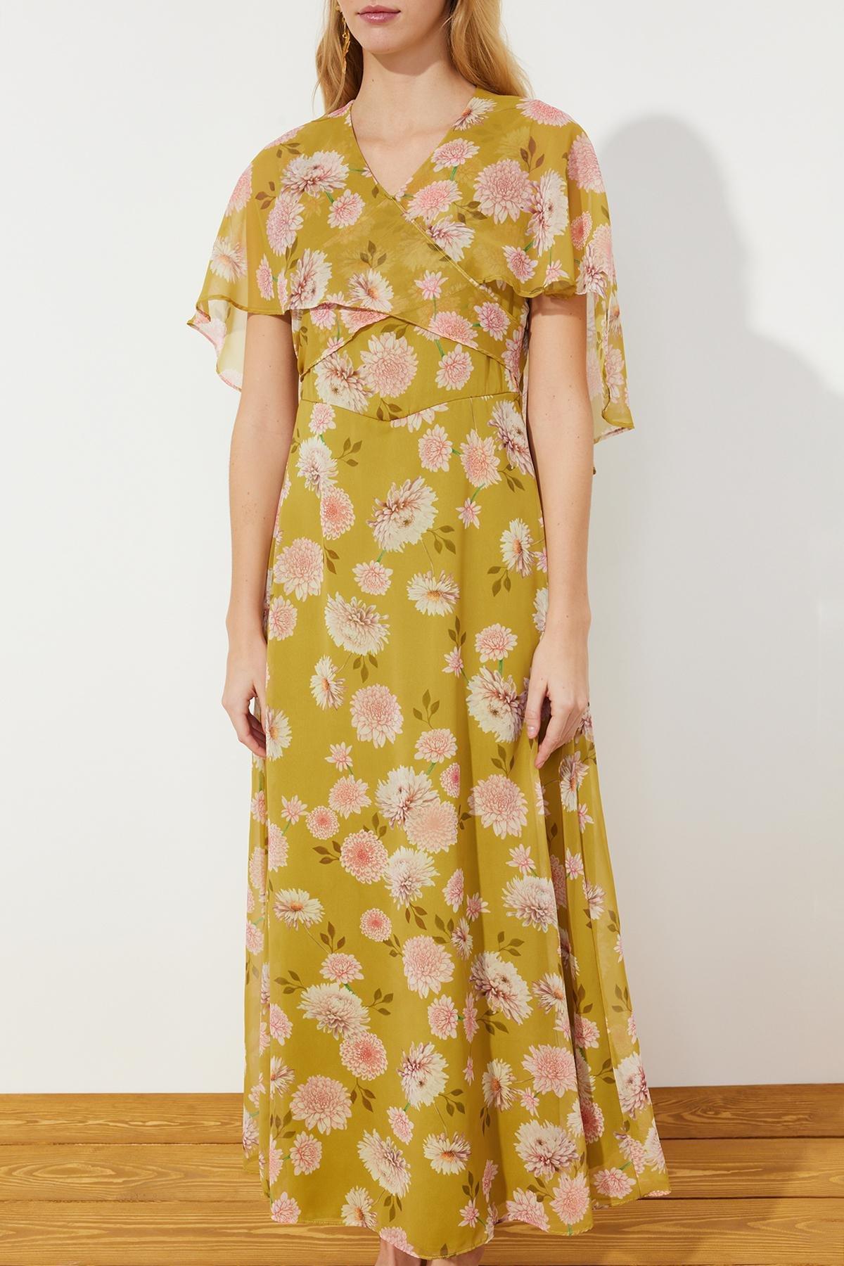 Yellow Floral Half Sleeve Chiffon Dress, , large image number 3