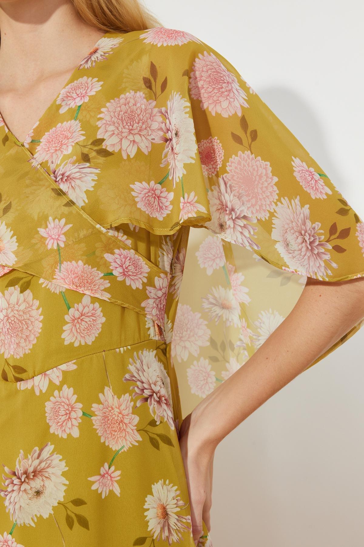 Yellow Floral Half Sleeve Chiffon Dress, , large image number 4