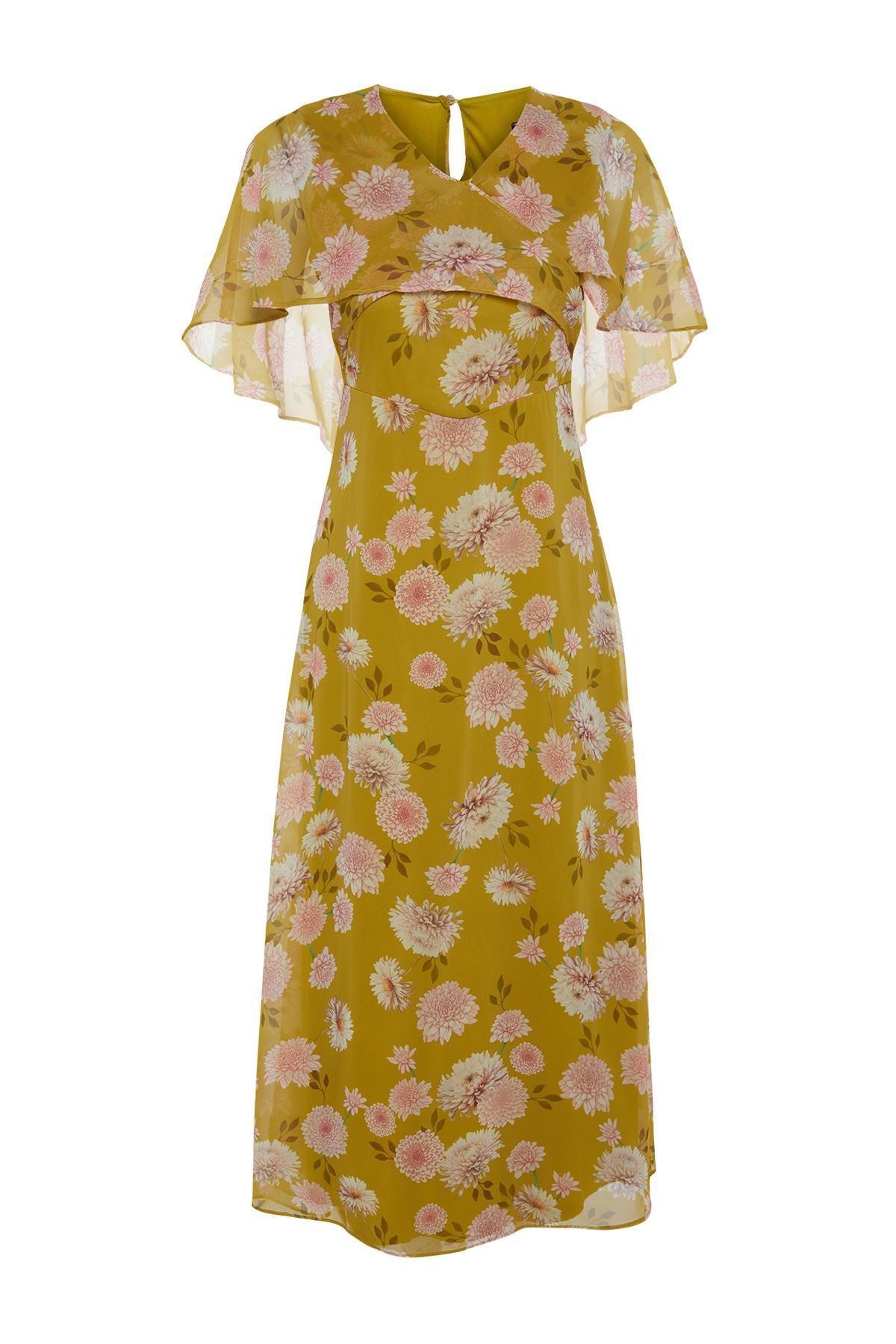 Yellow Floral Half Sleeve Chiffon Dress, , large image number 5