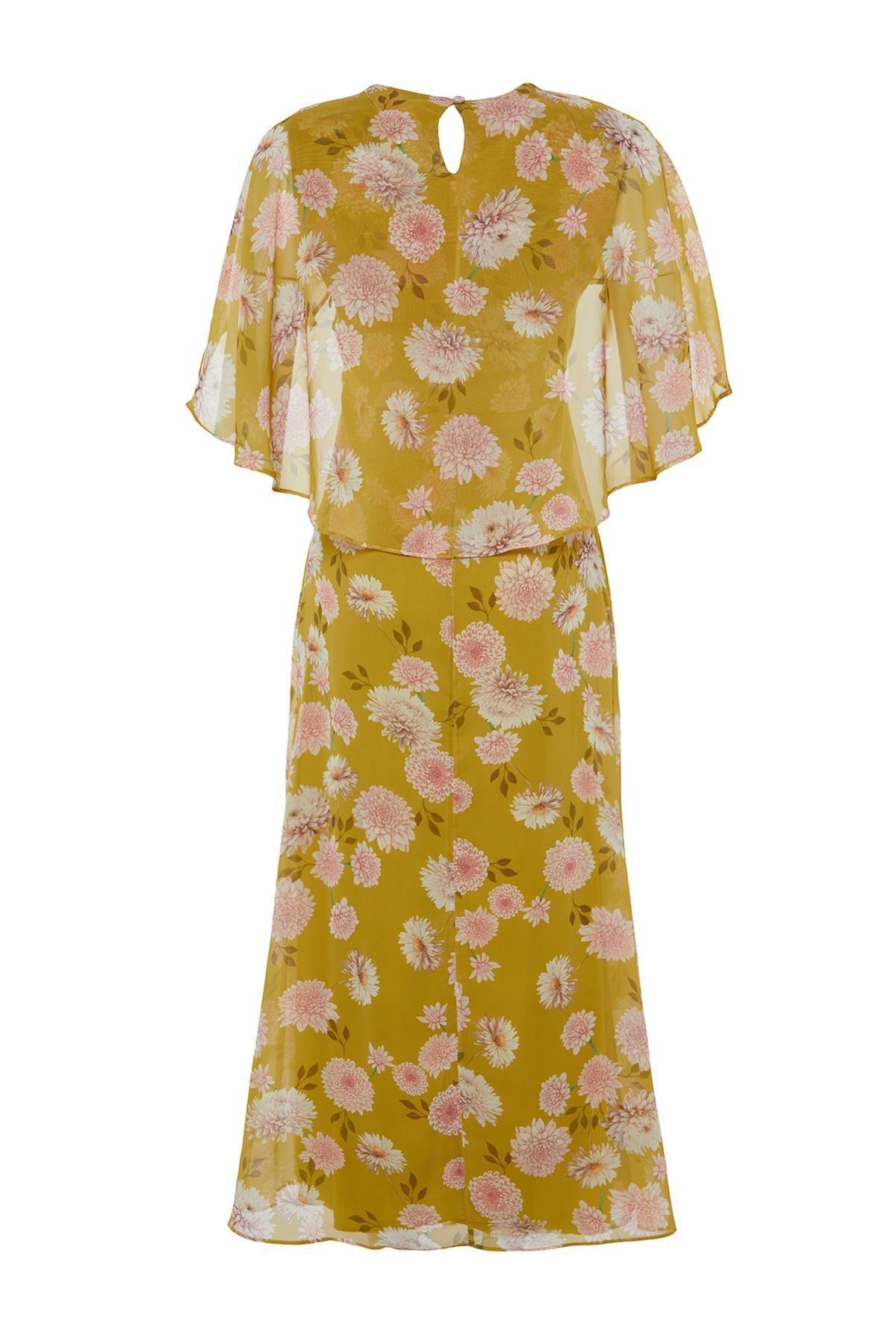Yellow Floral Half Sleeve Chiffon Dress, , large image number 6