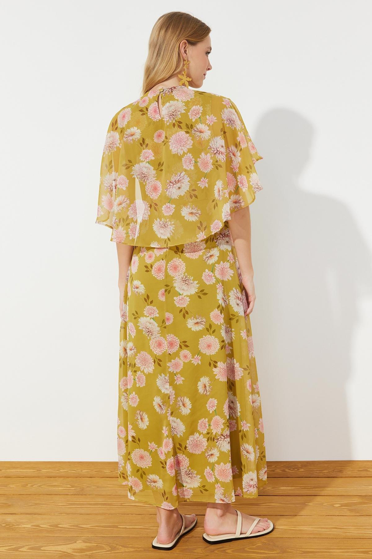 Yellow Floral Half Sleeve Chiffon Dress, , large image number 7