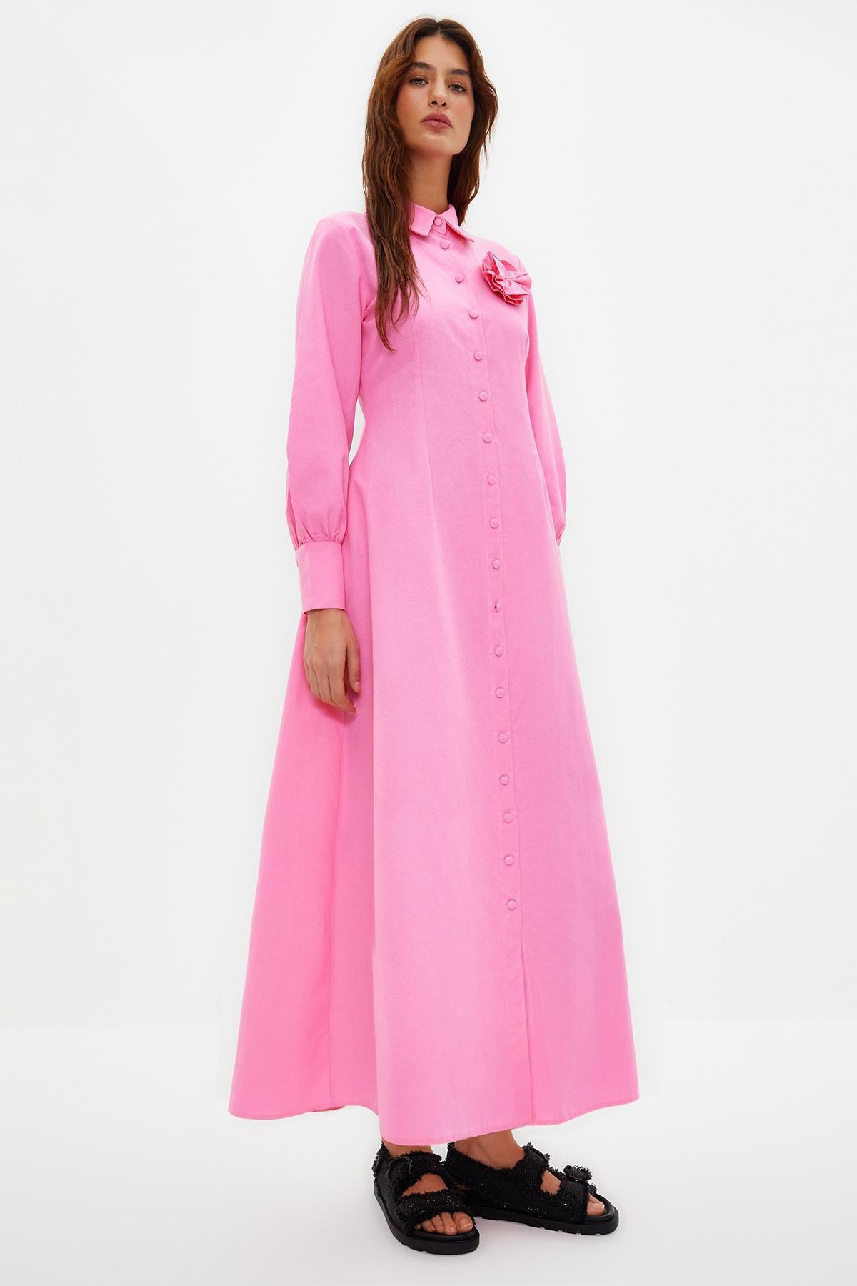 Pink Flower Detailed Woven Shirt Dress, , large image number 0