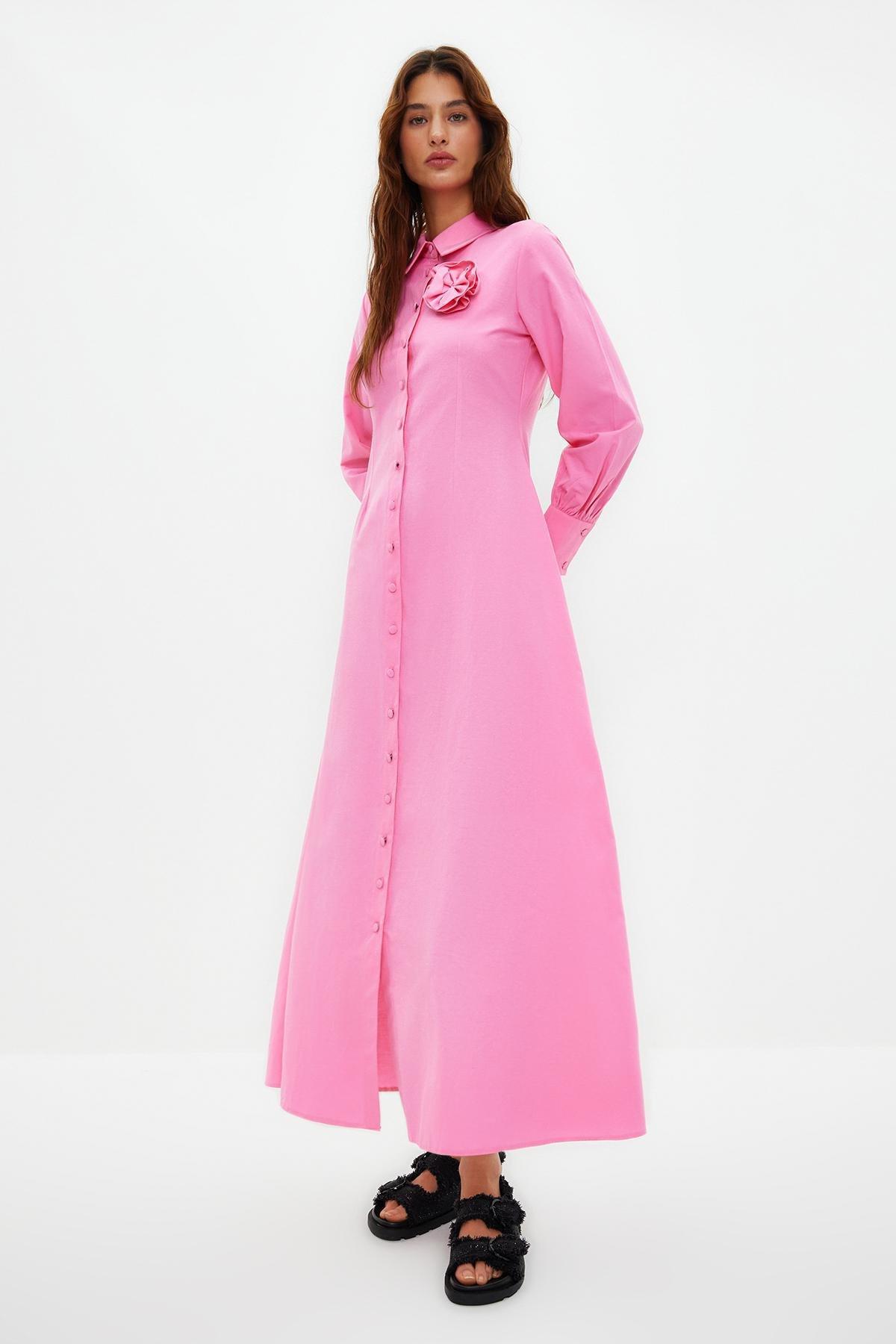 Pink Flower Detailed Woven Shirt Dress, , large image number 1
