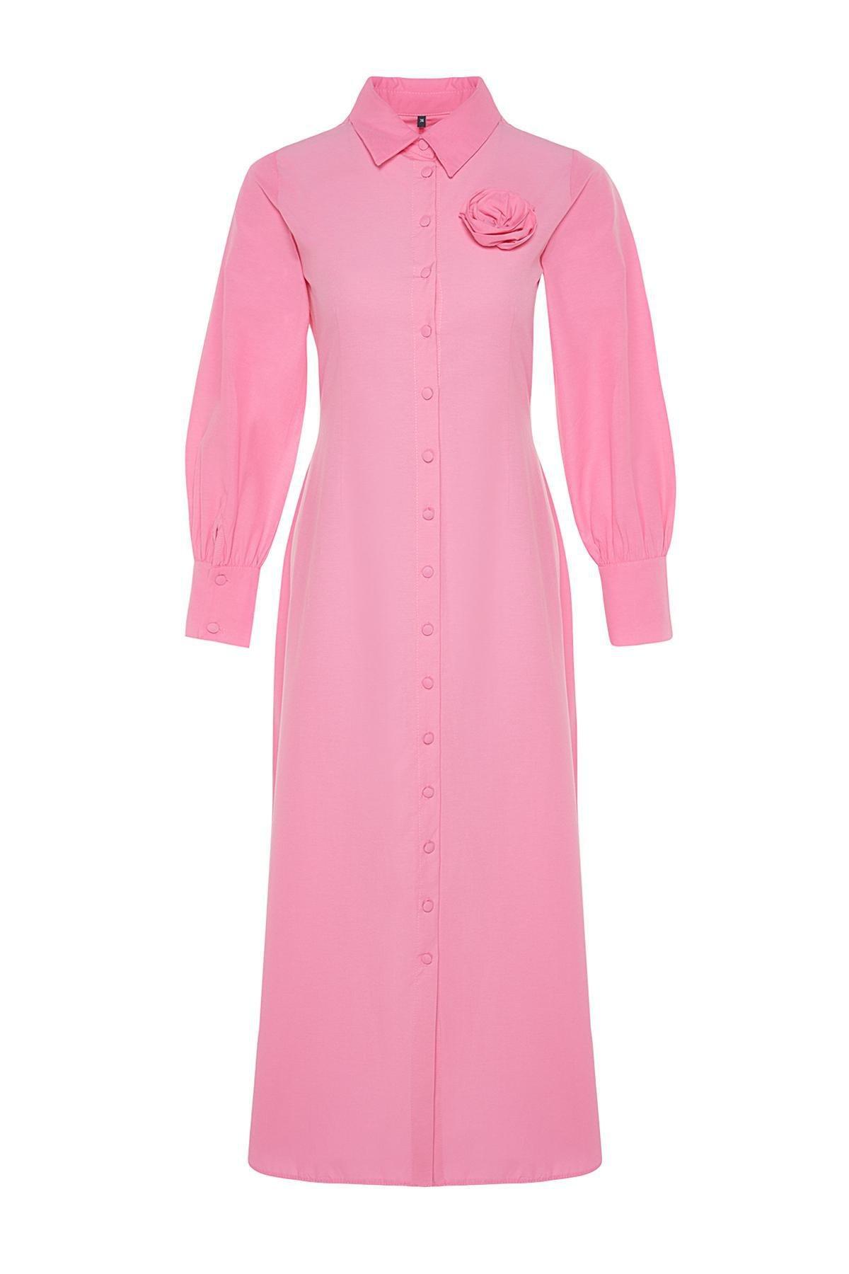 Pink Flower Detailed Woven Shirt Dress, , large image number 2