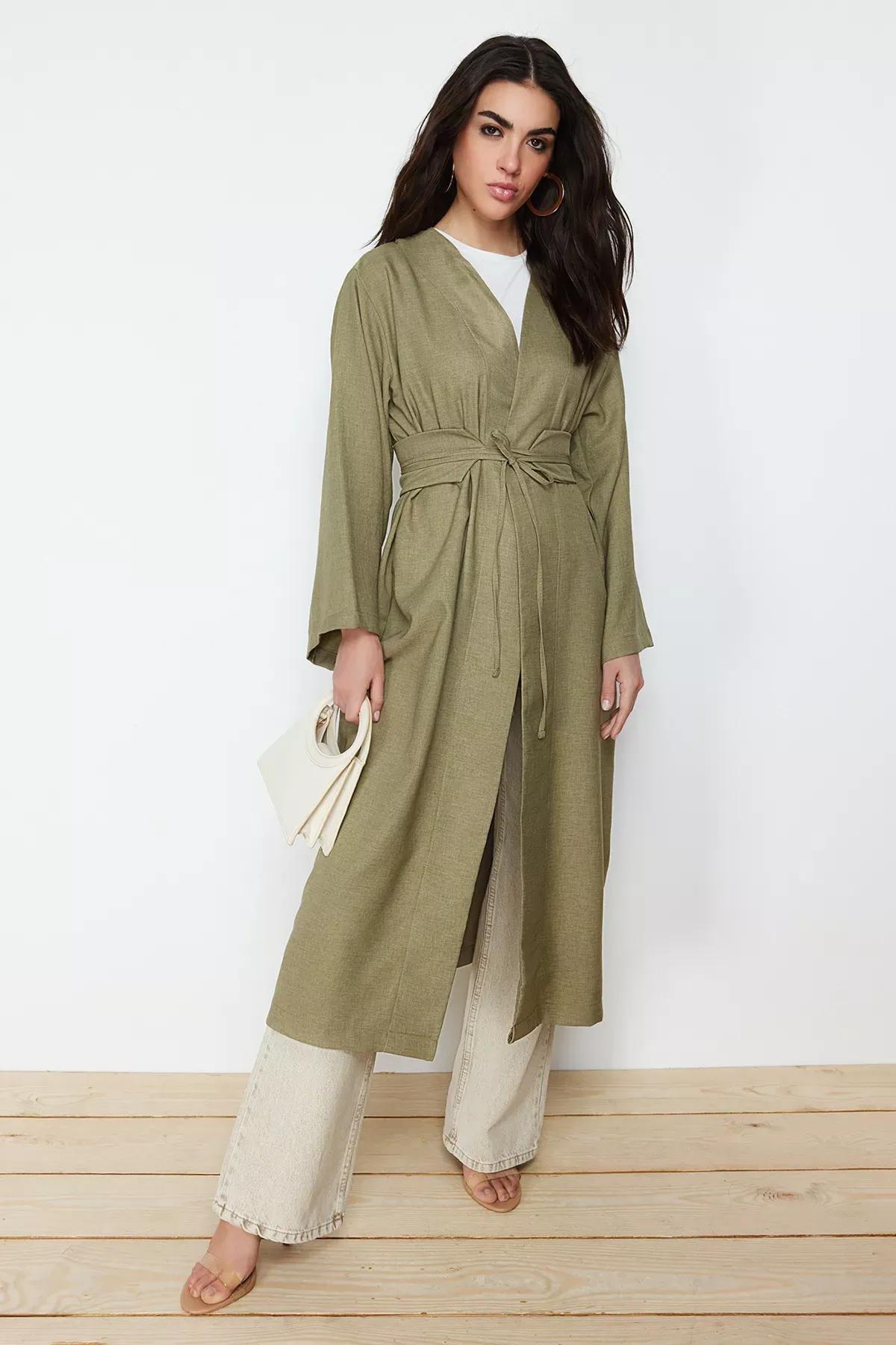 Green Waist Tie Detail Kimono, Khaki, medium