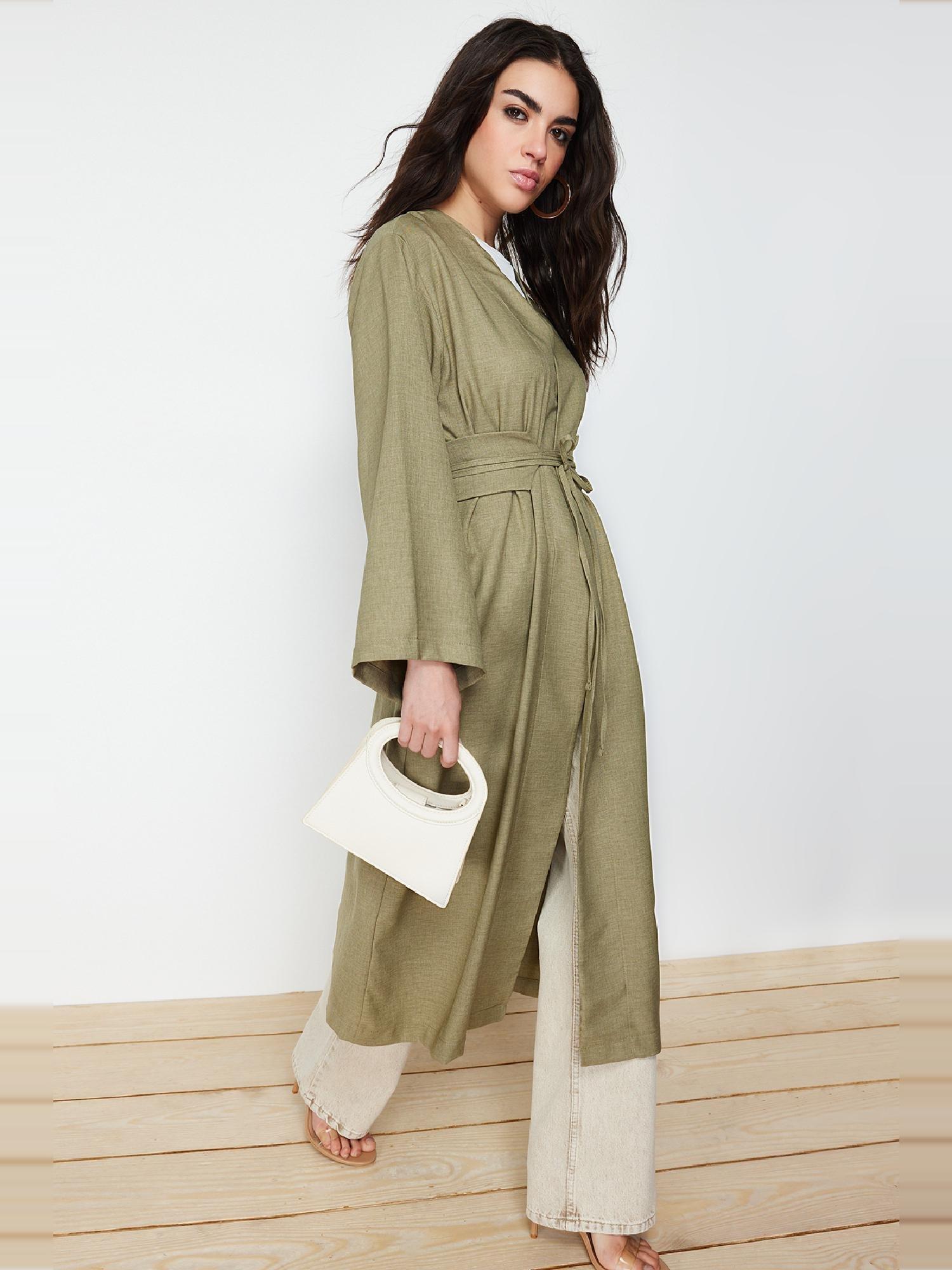 Green Waist Tie Detail Kimono, Khaki, medium