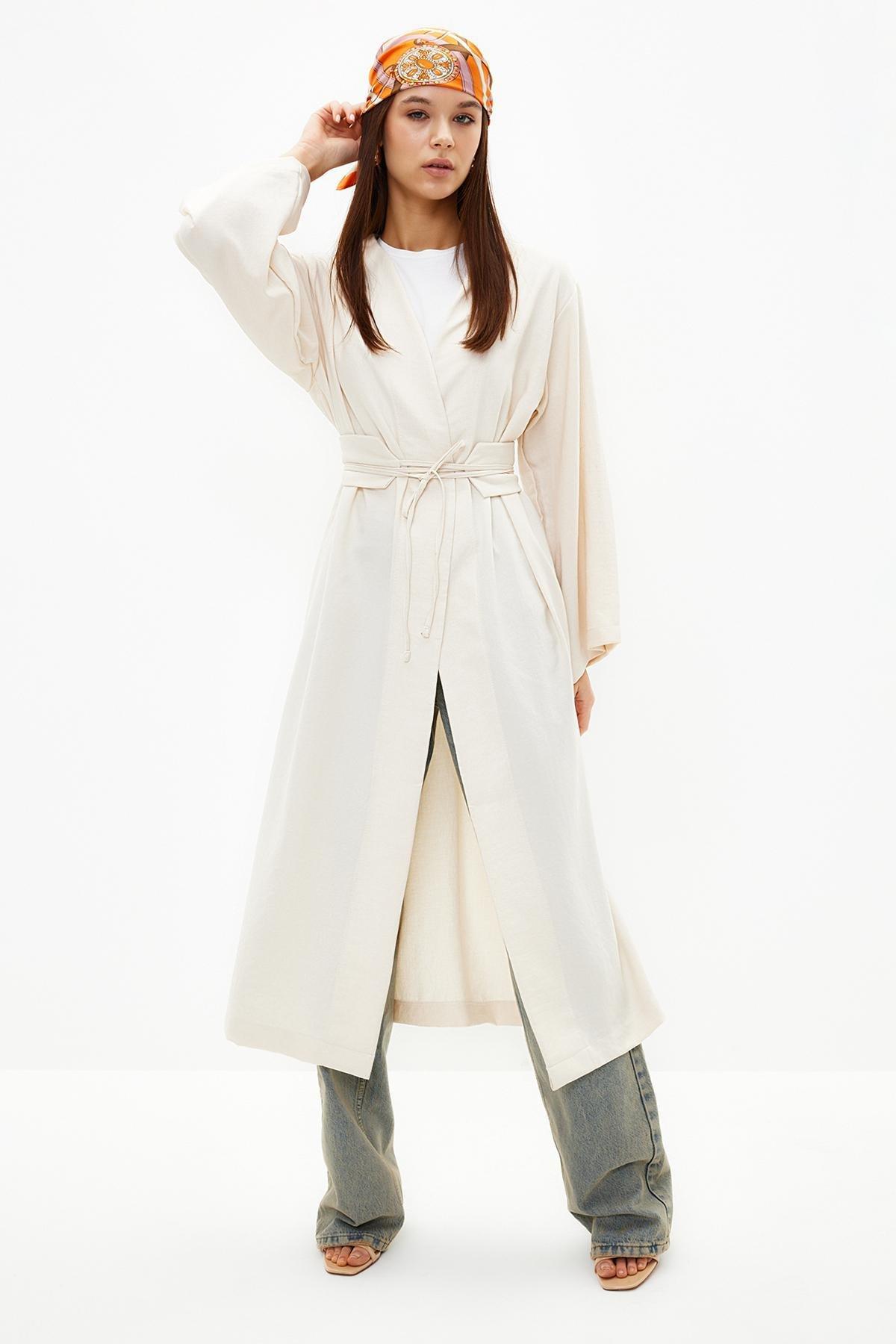 White Linen Kimono With Stone Waist Tie Detail, , large image number 0