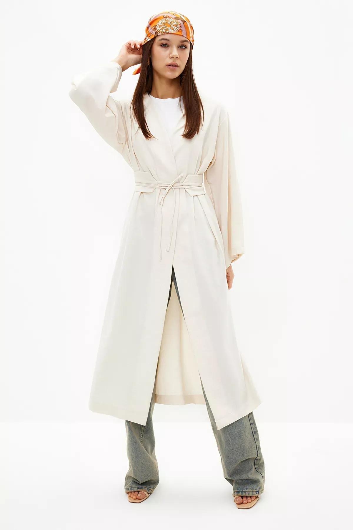 White Linen Kimono With Stone Waist Tie Detail, , medium