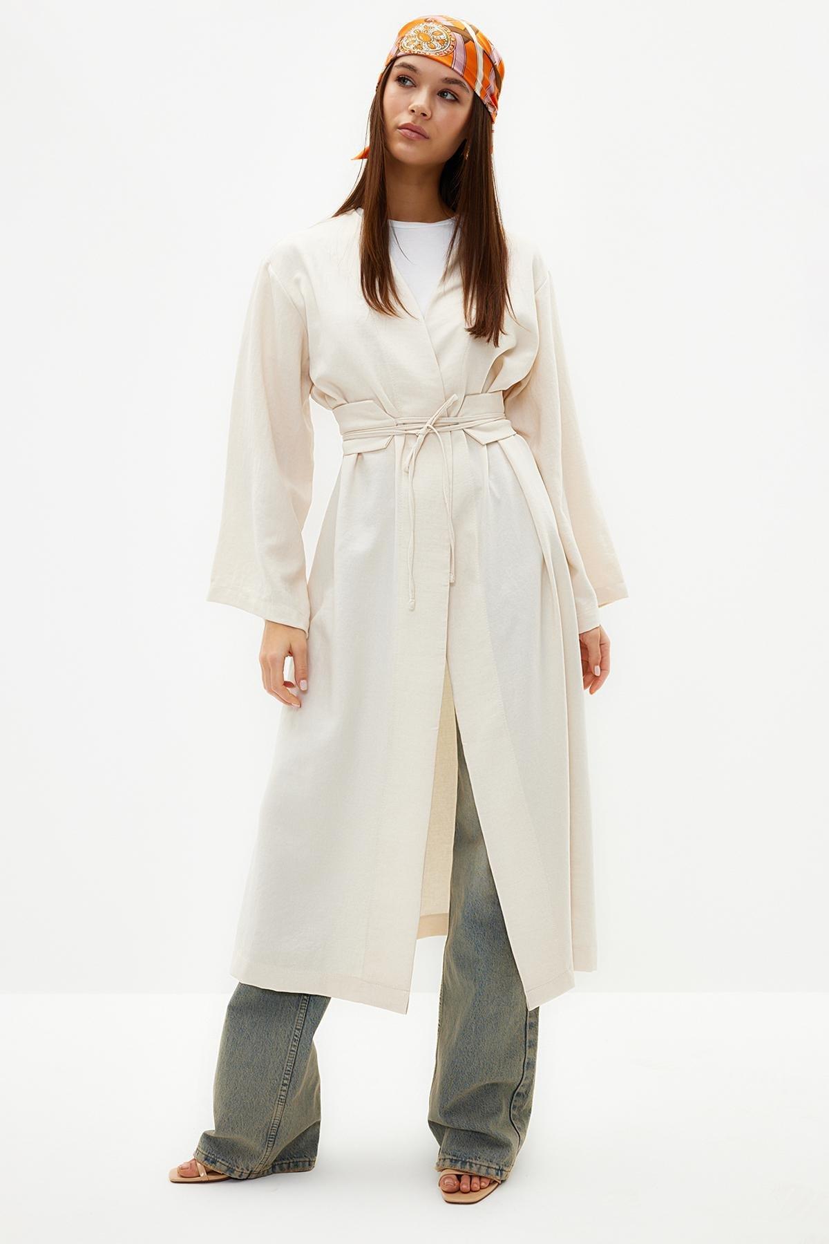 White Linen Kimono With Stone Waist Tie Detail, , large image number 1