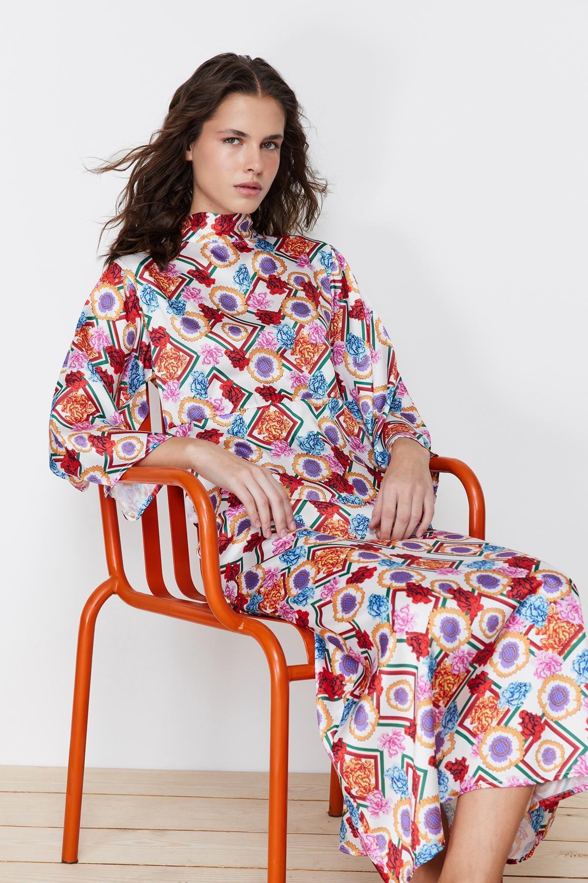 Multicolour Floral Patterned Satin Woven Dress, C101_1704, large image number 0
